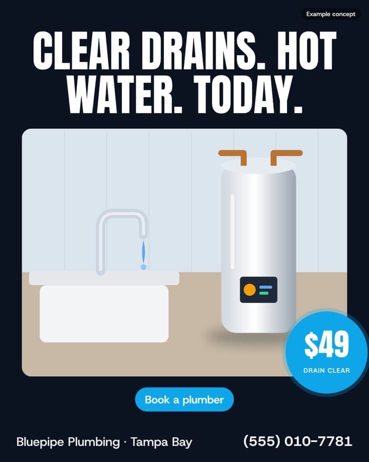 Example Plumbing ad: Clear drains. Hot water. Today.
