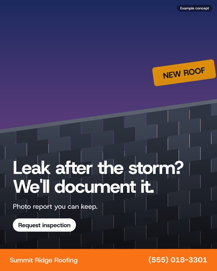 Example Roofing ad: Leak after the storm? We'll document it.