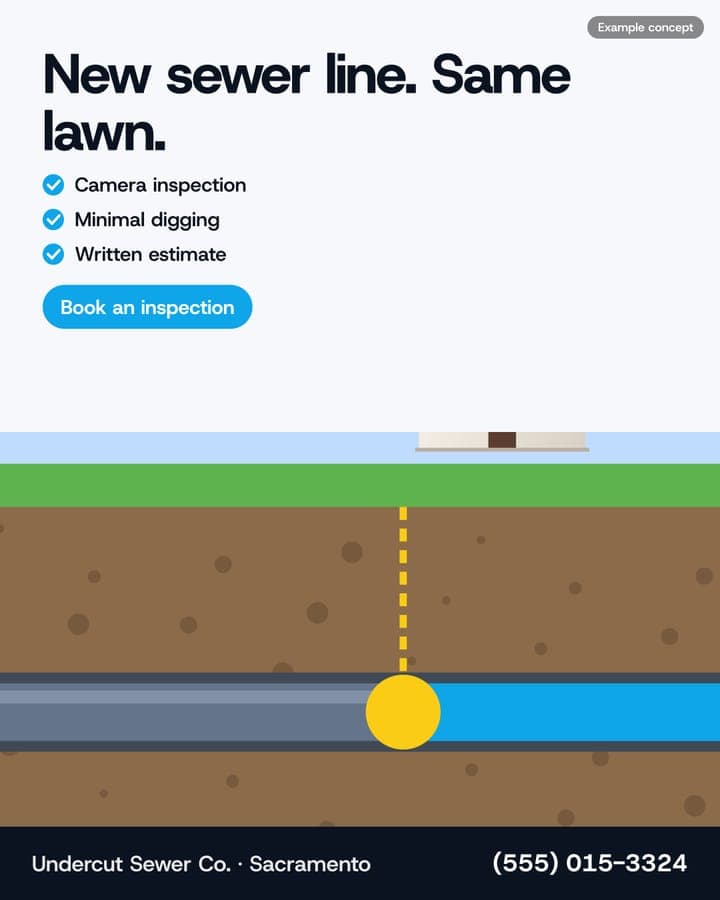 Example Trenchless Sewer ad: New sewer line. Same lawn.