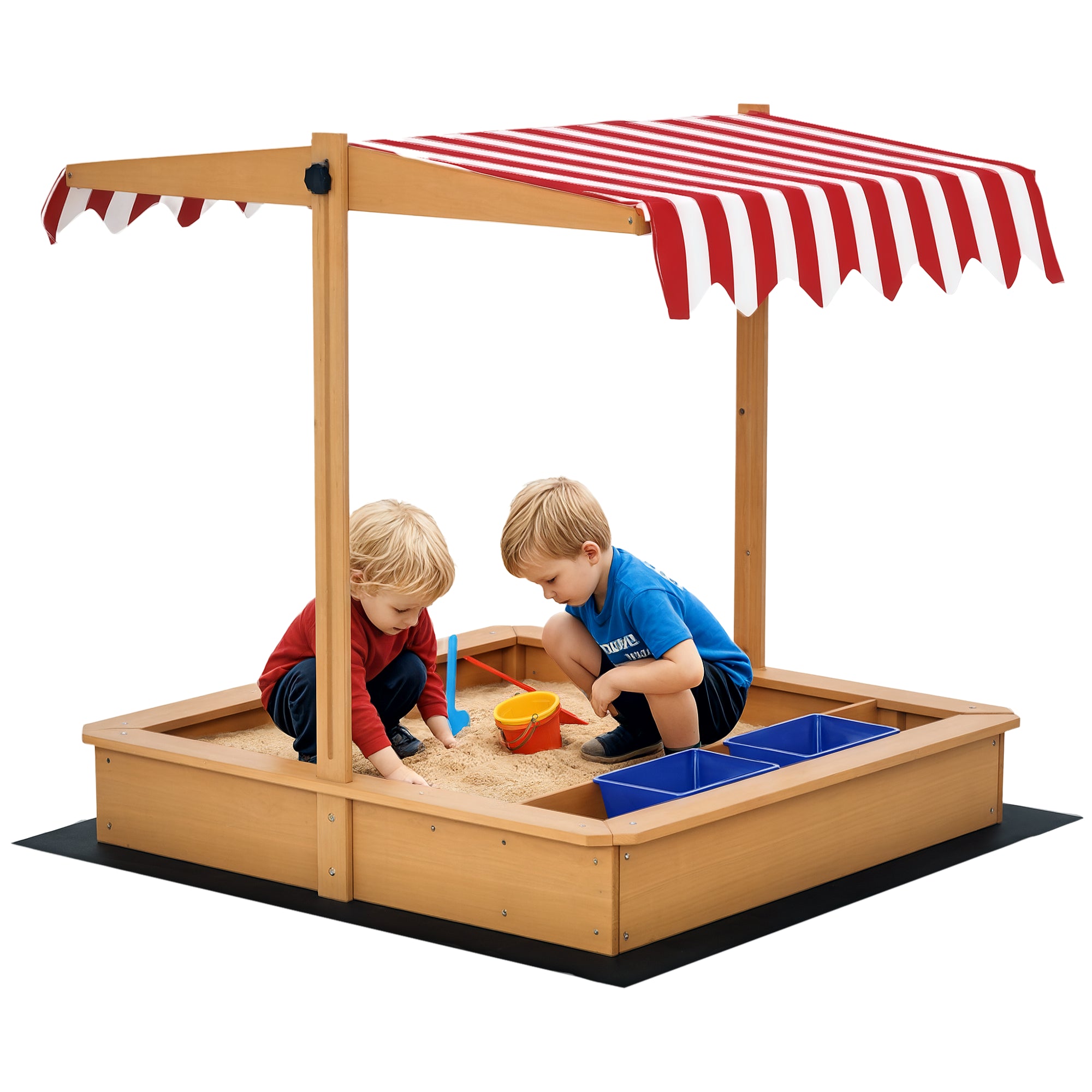 Kids Wooden Sandbox, Children Play Sand Station Outdoor with Adjustable Height Cover Lid, Bottom Liner, Seat, Plastic Basins, for 3-7 Years Old Boys and Girls