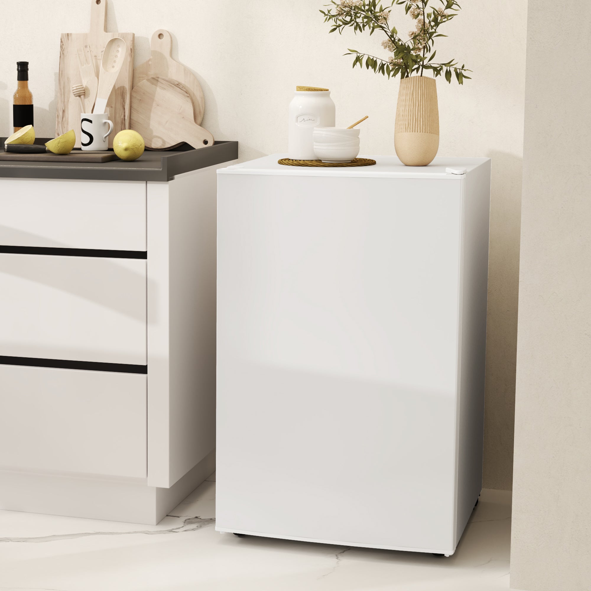 4.5 Cu Ft Mini Fridge with Freezer, Wheels, Single Door Refrigerator, Adjustable Thermostat, Reversible Door, White