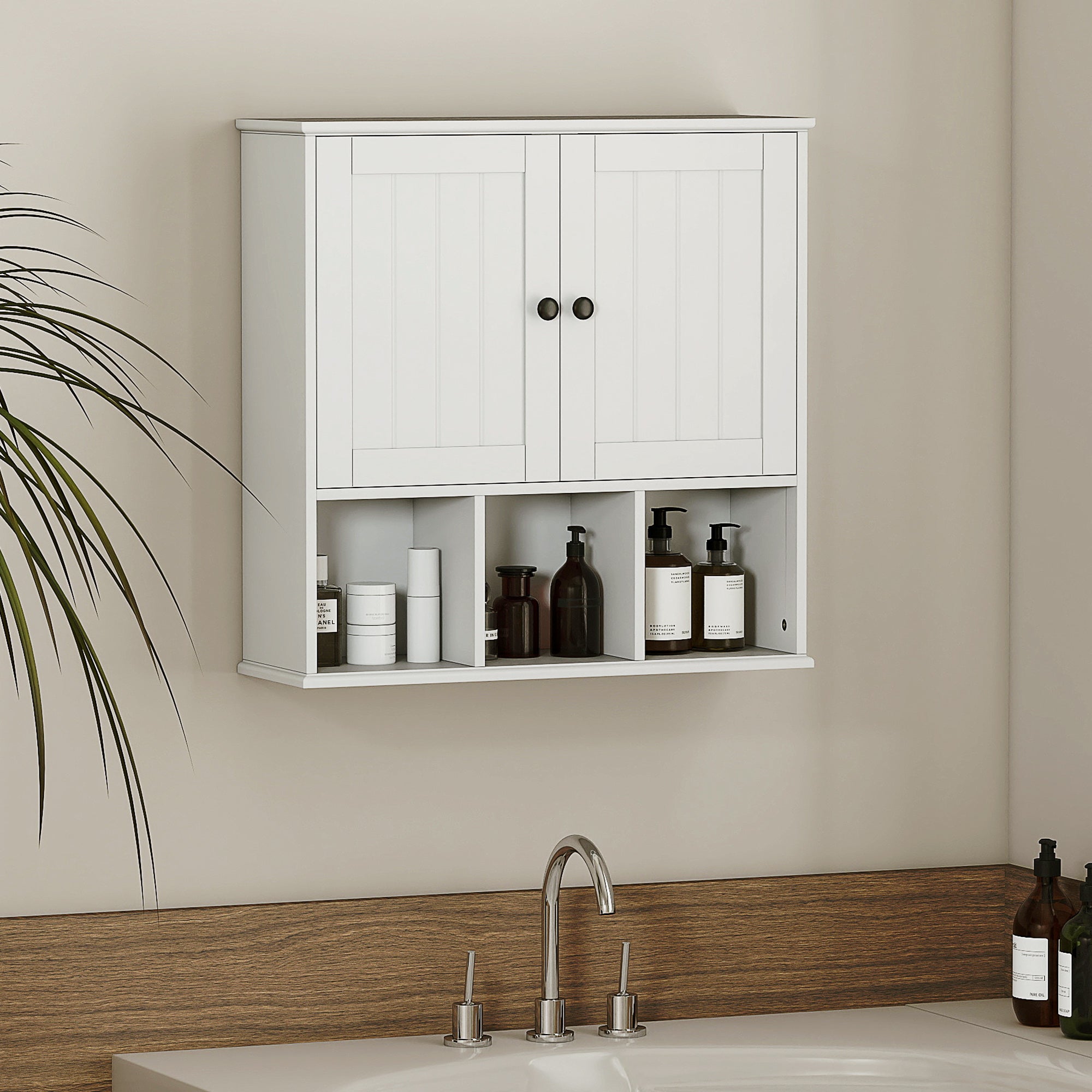 Farmhouse Bathroom Wall Cabinet, Wall Mounted Medicine Cabinet with Adjustable Shelf, Open Compartments, White
