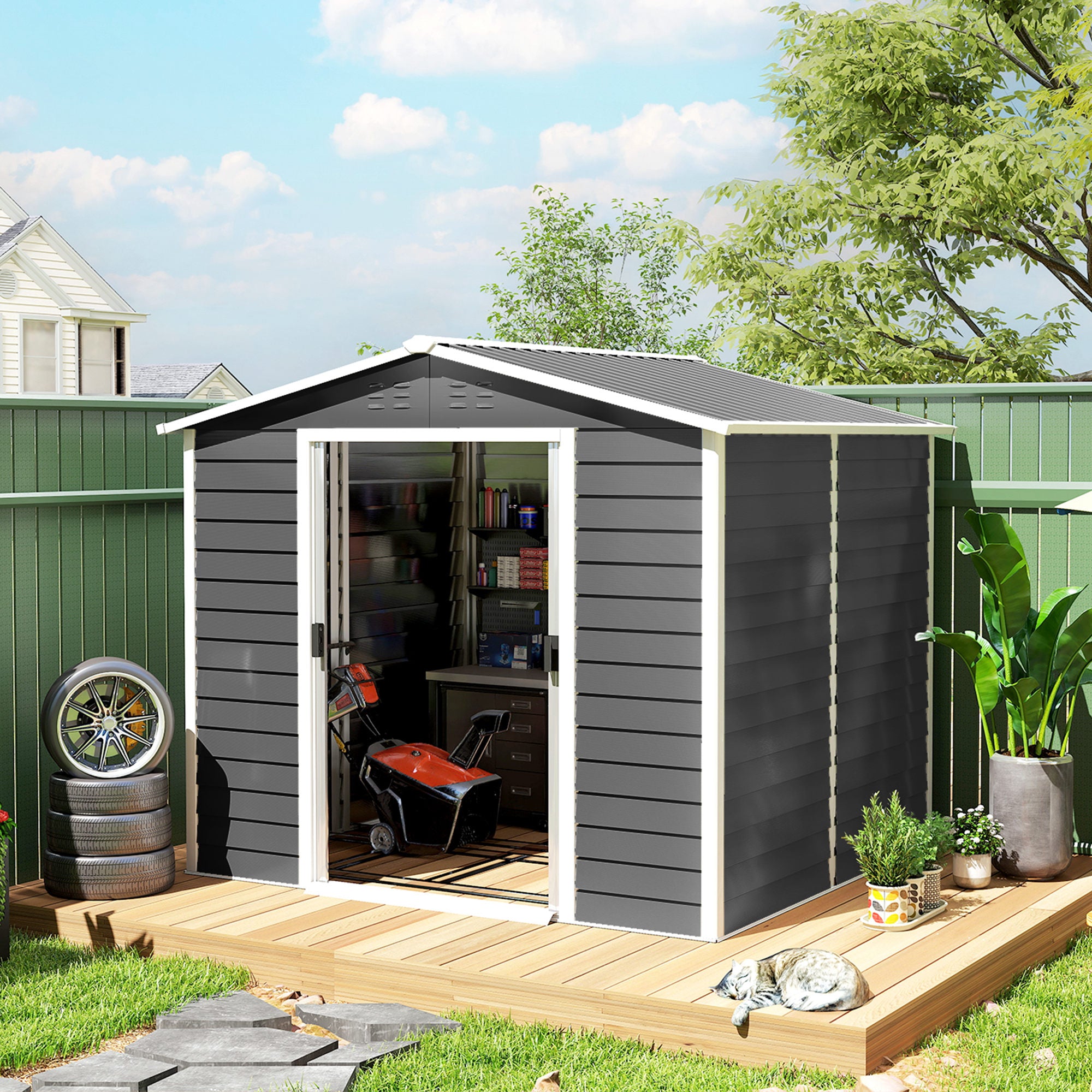 8' x 7' Outdoor Storage Shed, Easy to Assemble, Upgraded Galvanized Metal Garden Shed with Lockable Doors, Floor Frame and Gloves for Backyard, Lawn, Patio, Dark Grey
