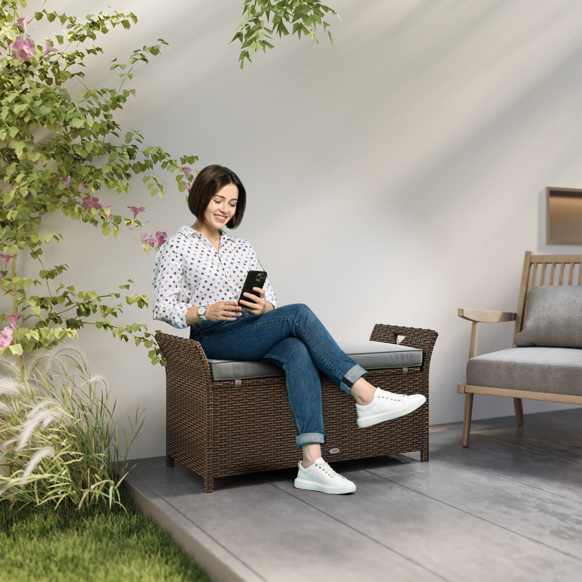 2-In-1 Outdoor PE Rattan Storage Bench, 29 Gallon Patio Wicker Furniture, Basket Box with Handles and Cushion Dark Grey