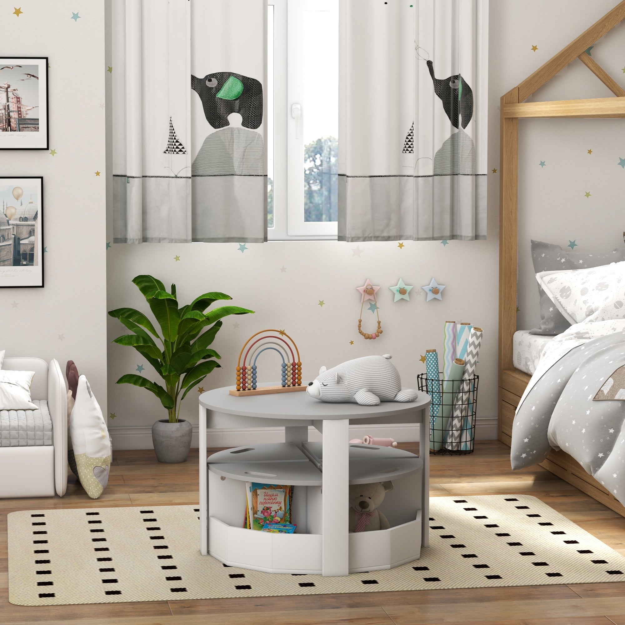 Qaba 5 Piece Kids Table and Chair Set with Storage for Kids Room, Grey