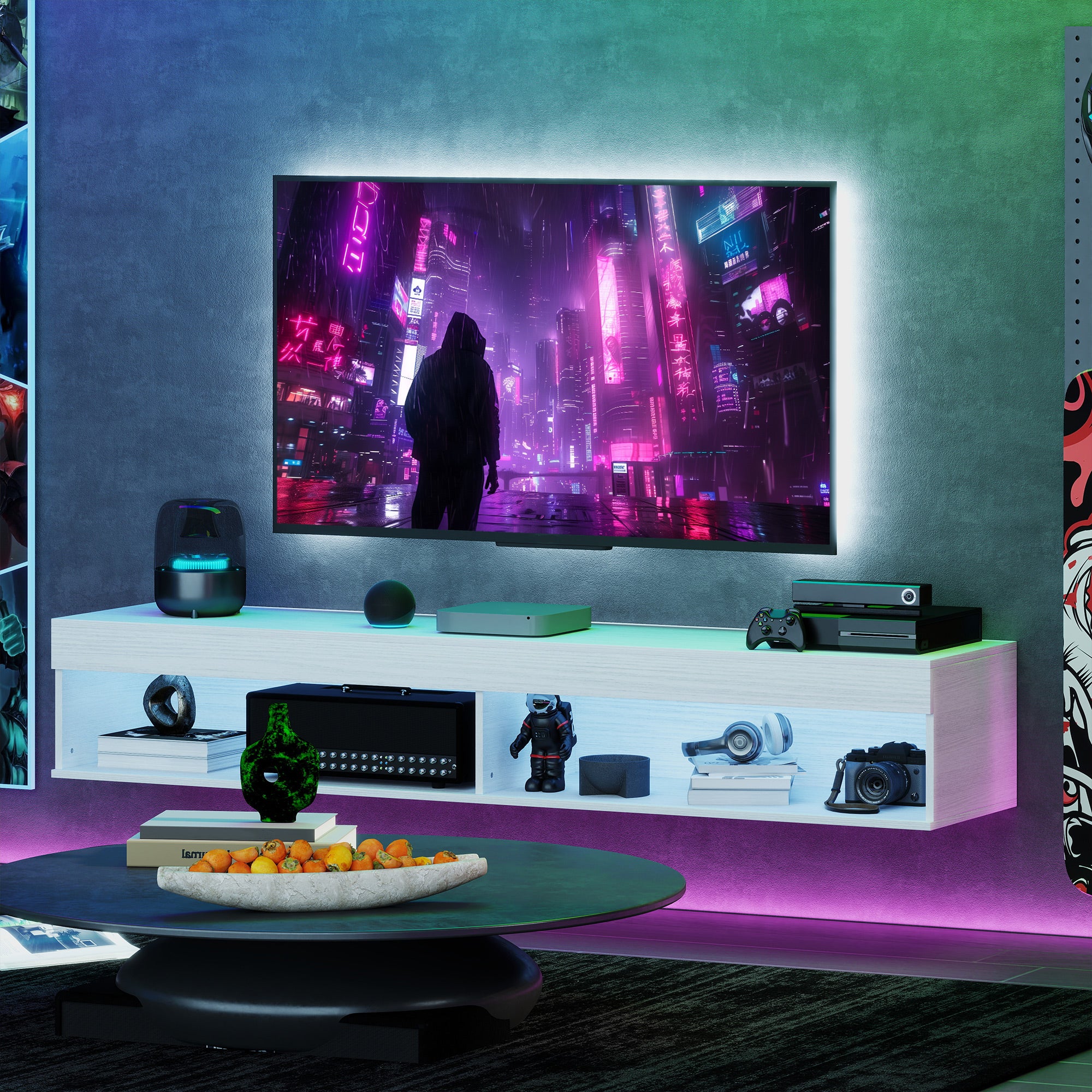 Modern Wall Mounted TV Stand with Storage and LED Lights for TVs up to 75", Floating TV Shelf for Living Room, White