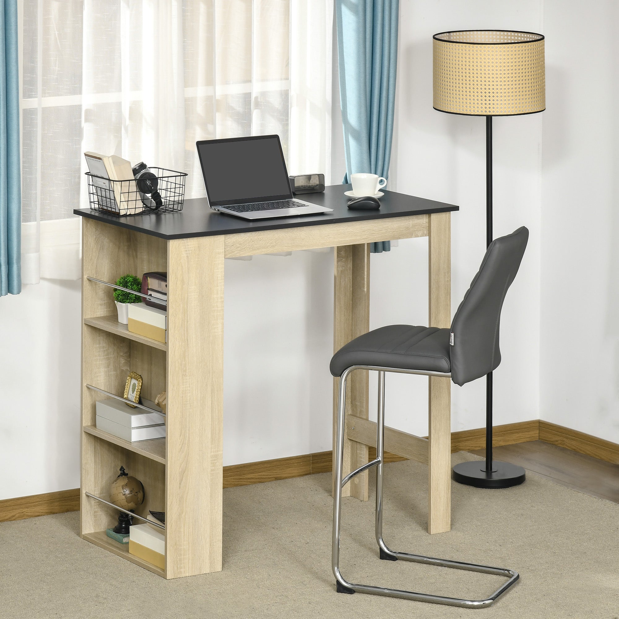 Bar Table Counter Height Dining Table with 3 Storage Shelves for Kitchen, Dining Room, Living Room, Natural