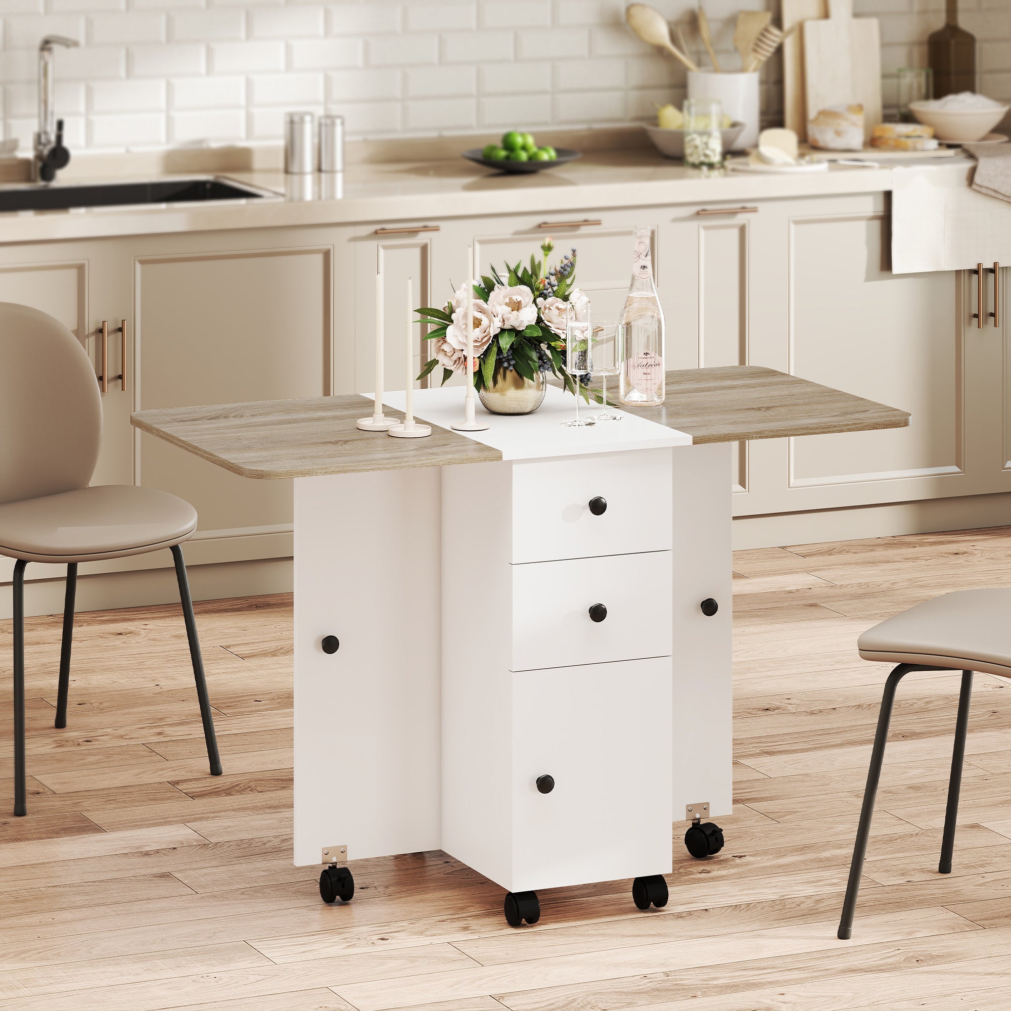 Drop Leaf Dining Table, Mobile Folding Table on Wheels with Drawers and Cabinet for Dining Room, Kitchen, White and Oak