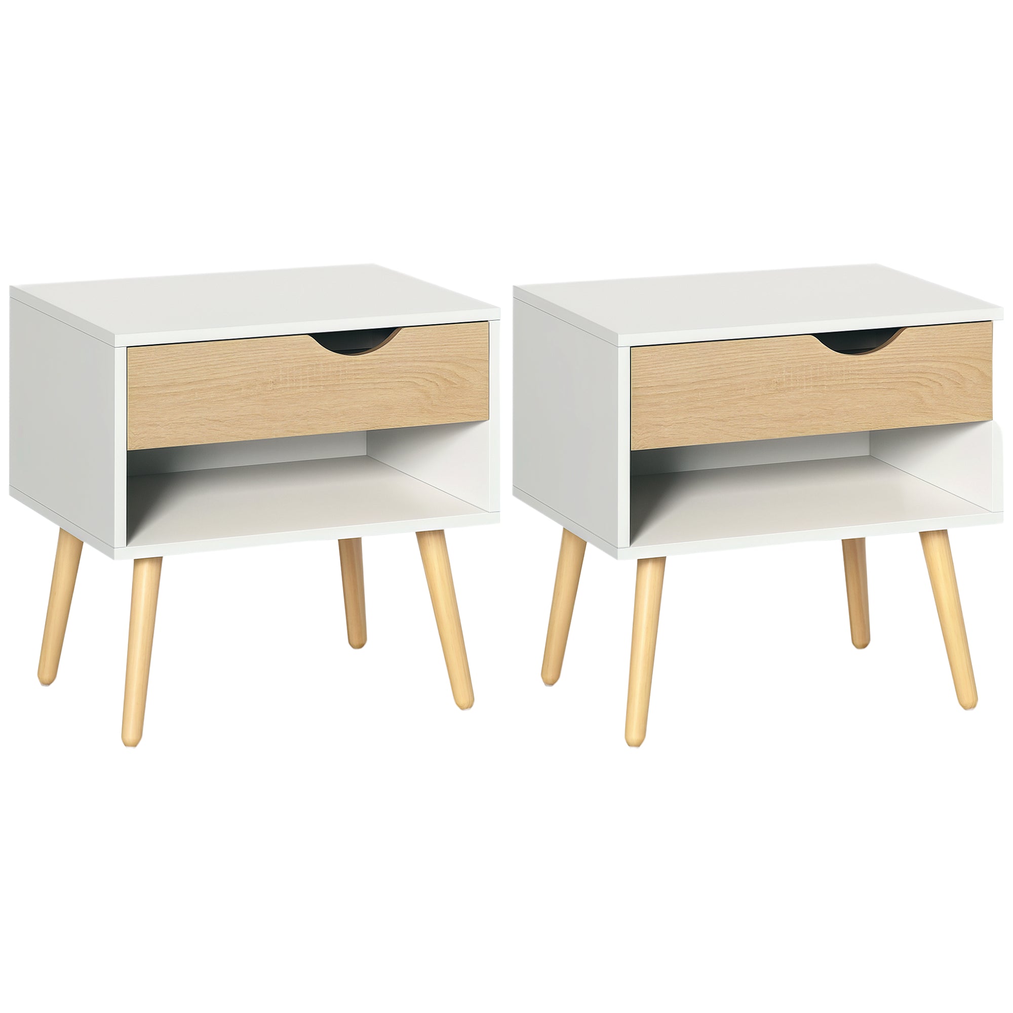 Set of 2 Bedside Table with Drawer and Shelf, Modern Nightstand with Wooden Legs, End Table for Bedroom, White