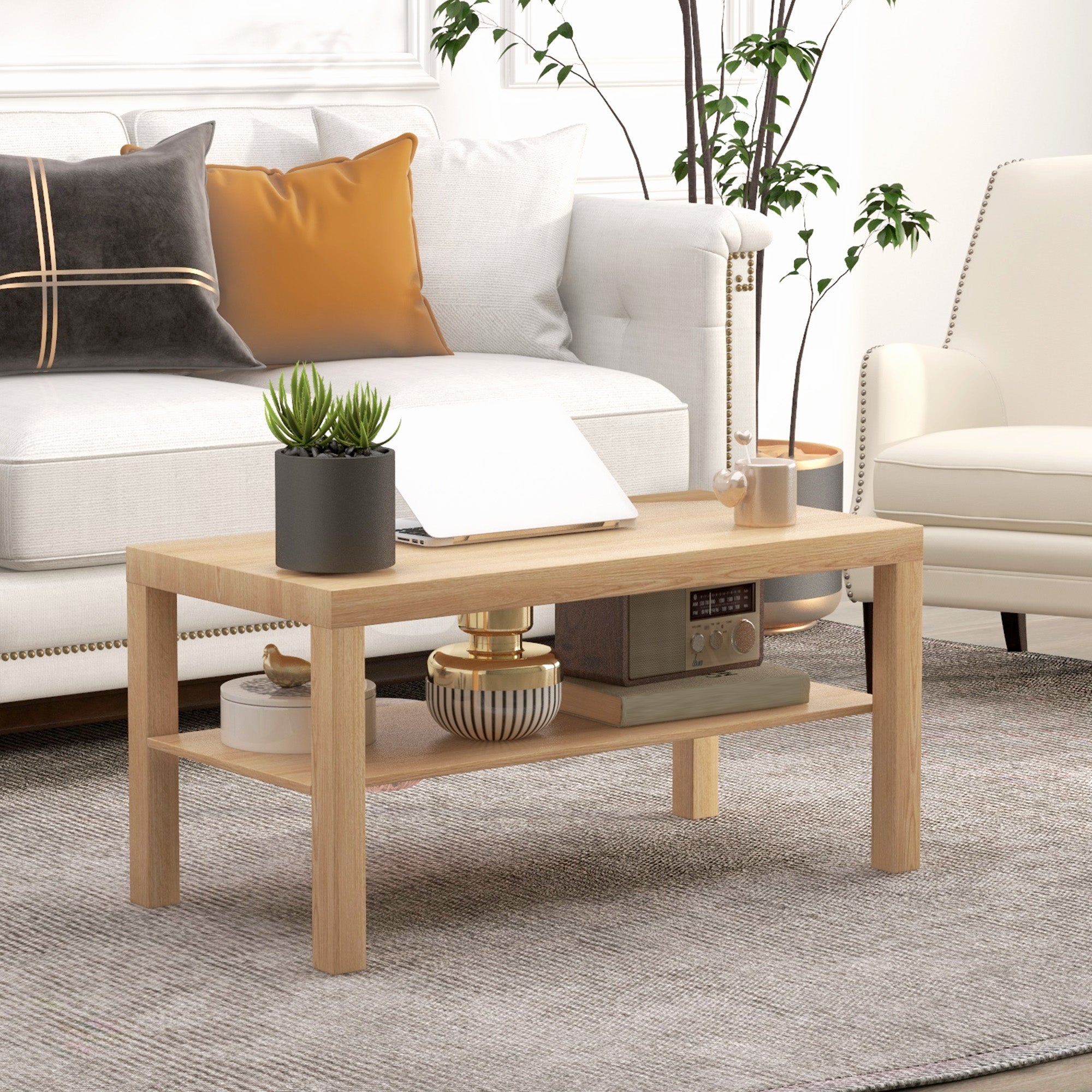 2 Tier Coffee Table with Storage Shelf, Rectangular Center Table for Living Room, Home Office Furniture Nature Wood