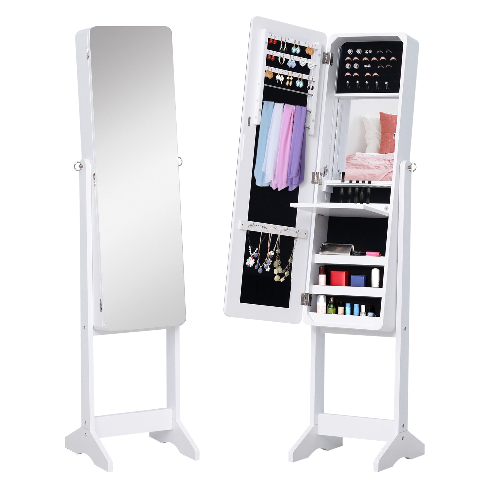 Freestanding Mirror Jewelry Cabinet Armoire, LED Lighted Jewelry Organizer with Stand, Angle Adjustable, White