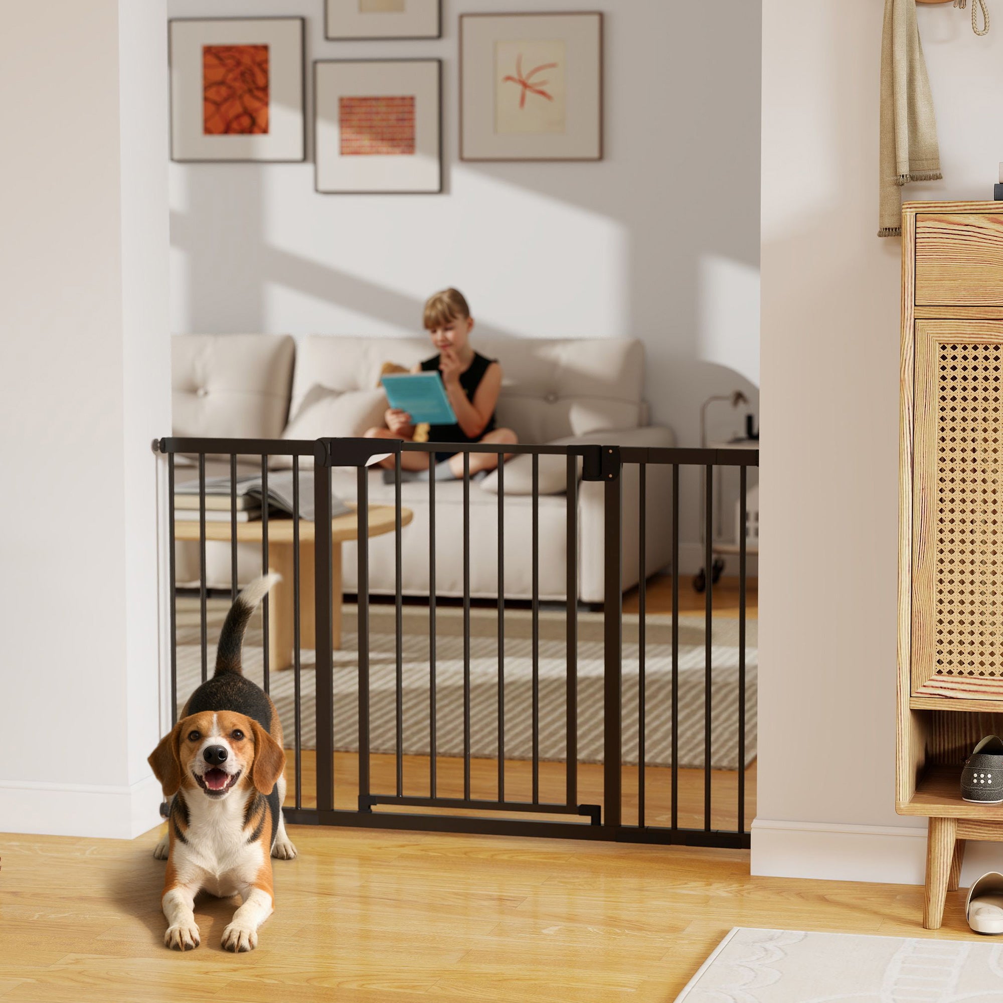 Baby Gate, Pet Safety Gate Pressure Fit, 30"-51" Wide with Two-Way Open, Auto-Close for Stair, Doorways, Hallways, Black