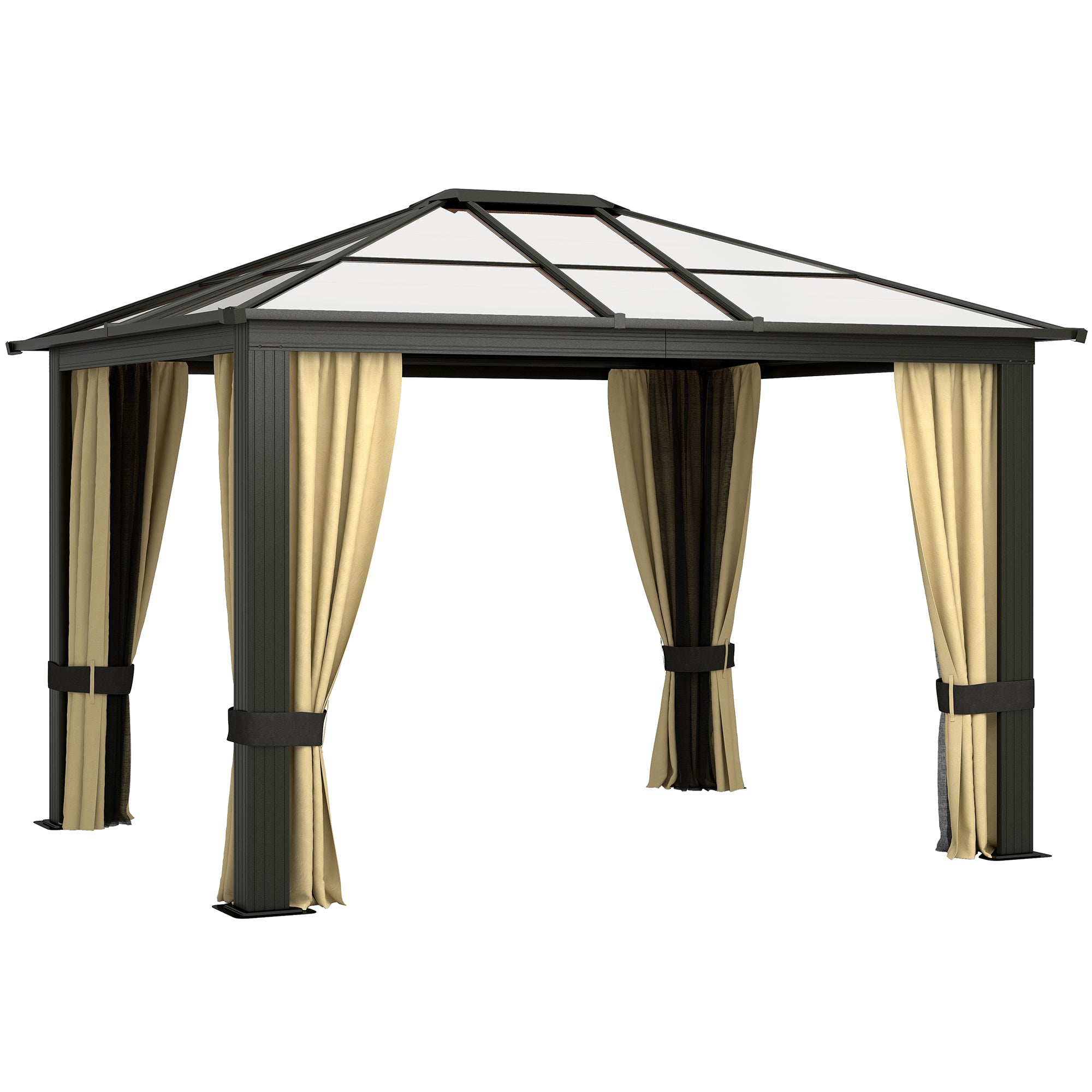 10' x 12' Hardtop Gazebo Canopy with Polycarbonate Roof, Aluminum Frame, Netting, Curtains and Ceiling Hook, Brown