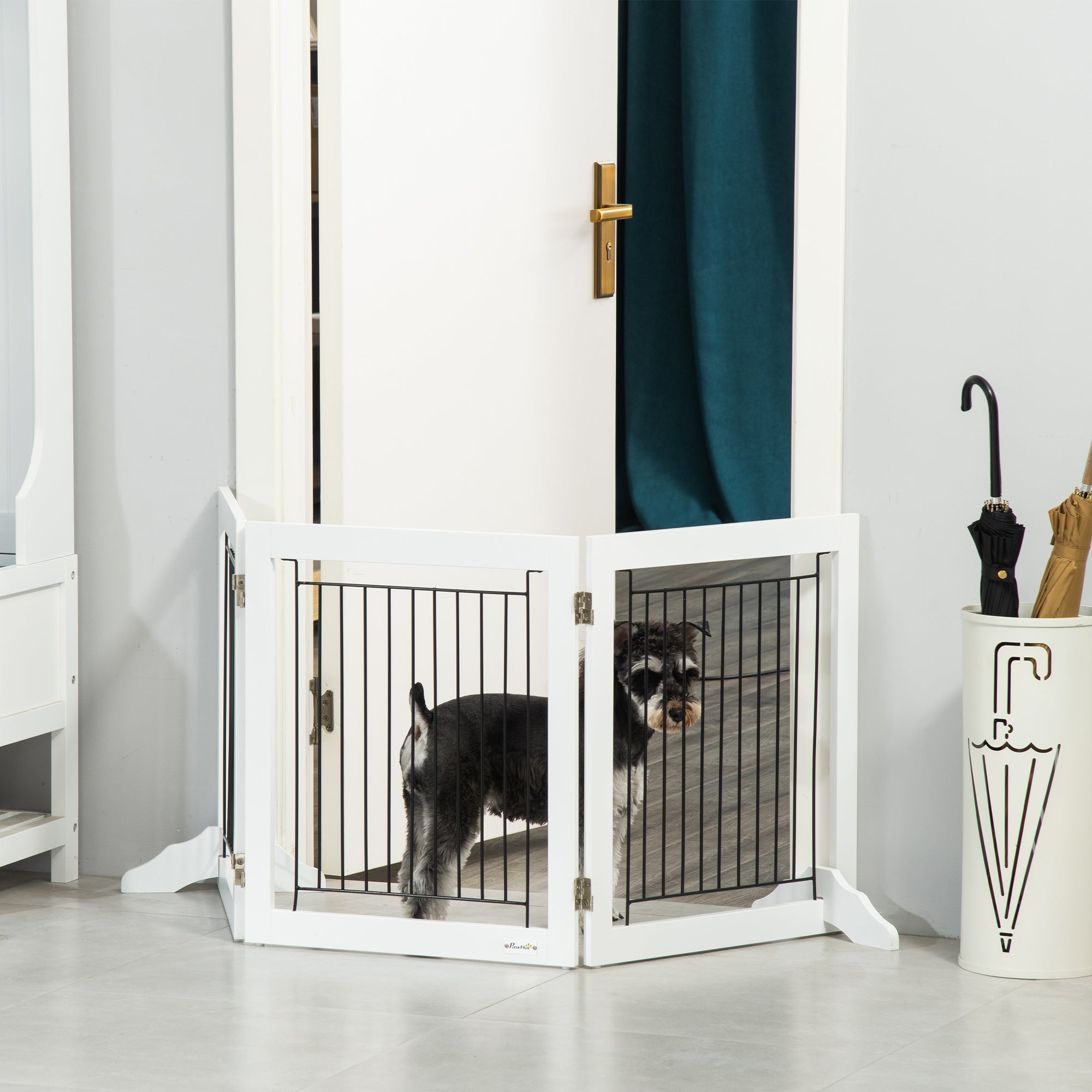 Freestanding Pet Gate, Folding Dog Gate with 2 Support Feet, 24" High, 3 Panels, for Small Dogs, Indoor Use - White