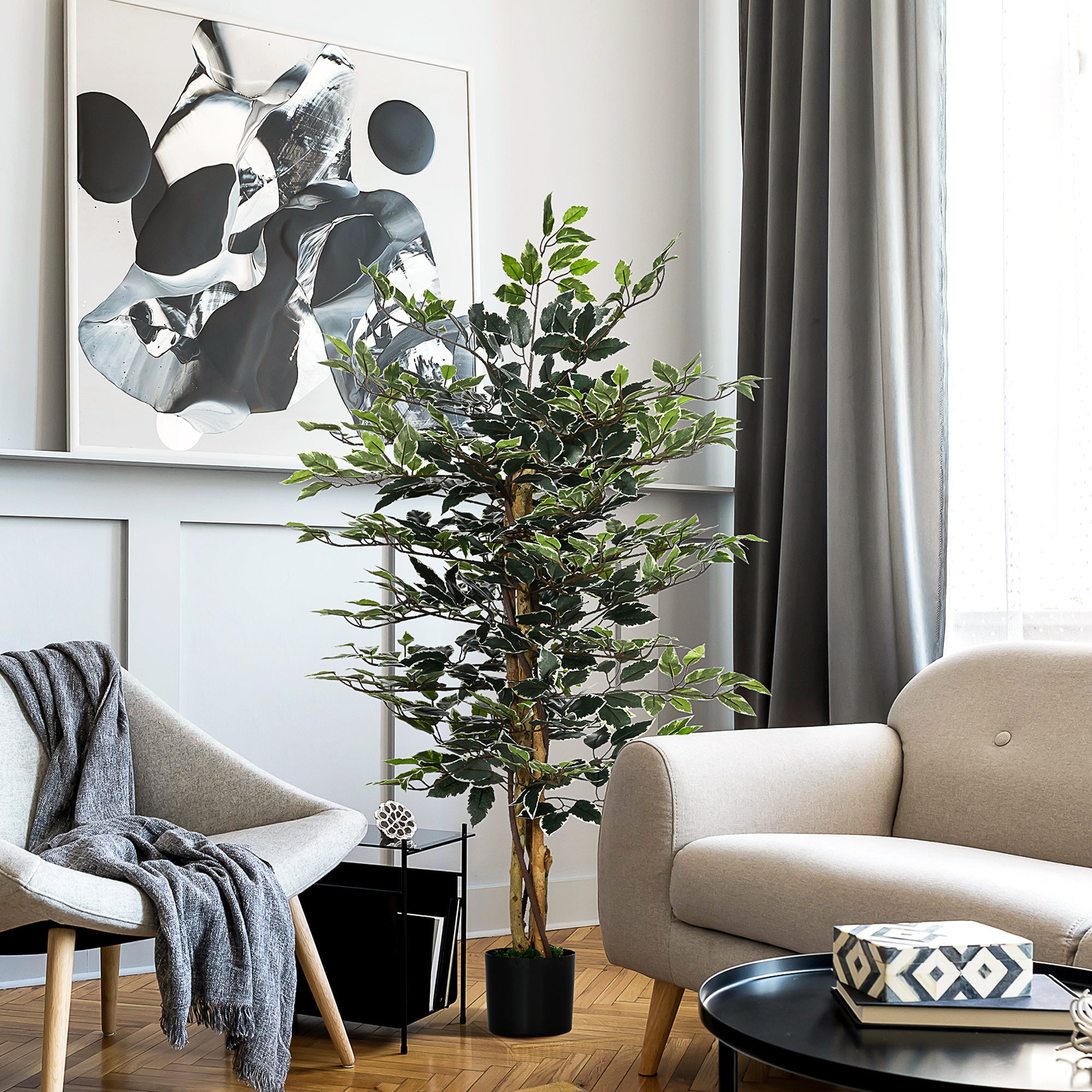 4.3FT Artificial Ficus Tree, Fake Tree with Leaves, Faux Plant in Nursery Pot for Indoor Decoration