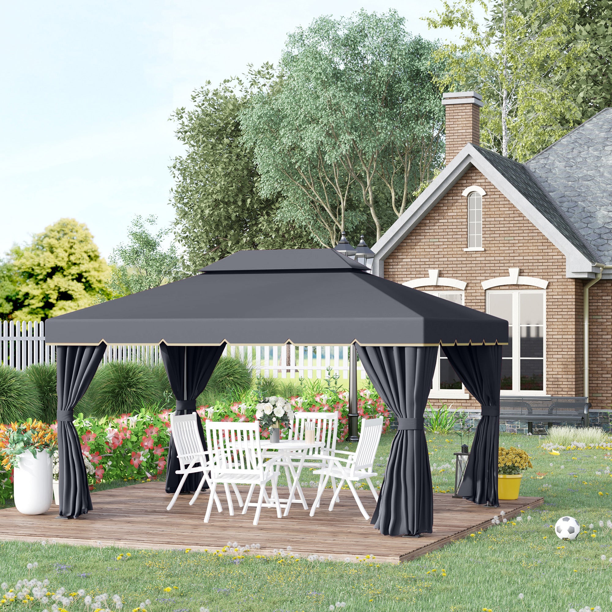 13' x 10' Outdoor Patio Gazebo Canopy with 2-Tier Polyester Roof, Vented Mesh Sidewall & Strong Aluminum Frame, Black