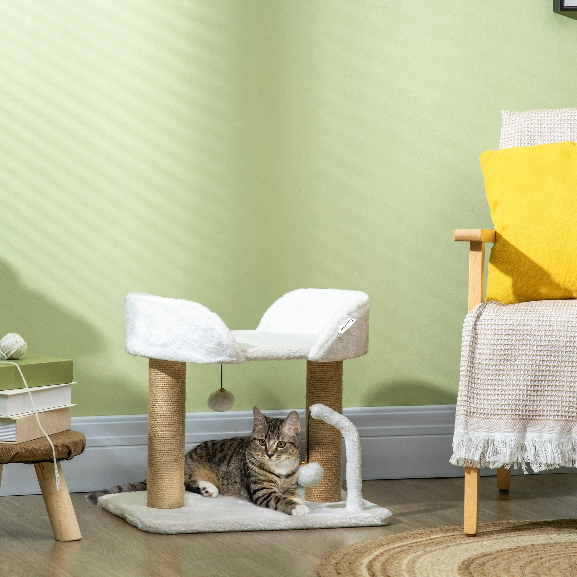 Cat Tower Condo for Indoor Cats, Small Cat Tree with Jute Scratching Posts, Top Perch, Dangling Balls, White