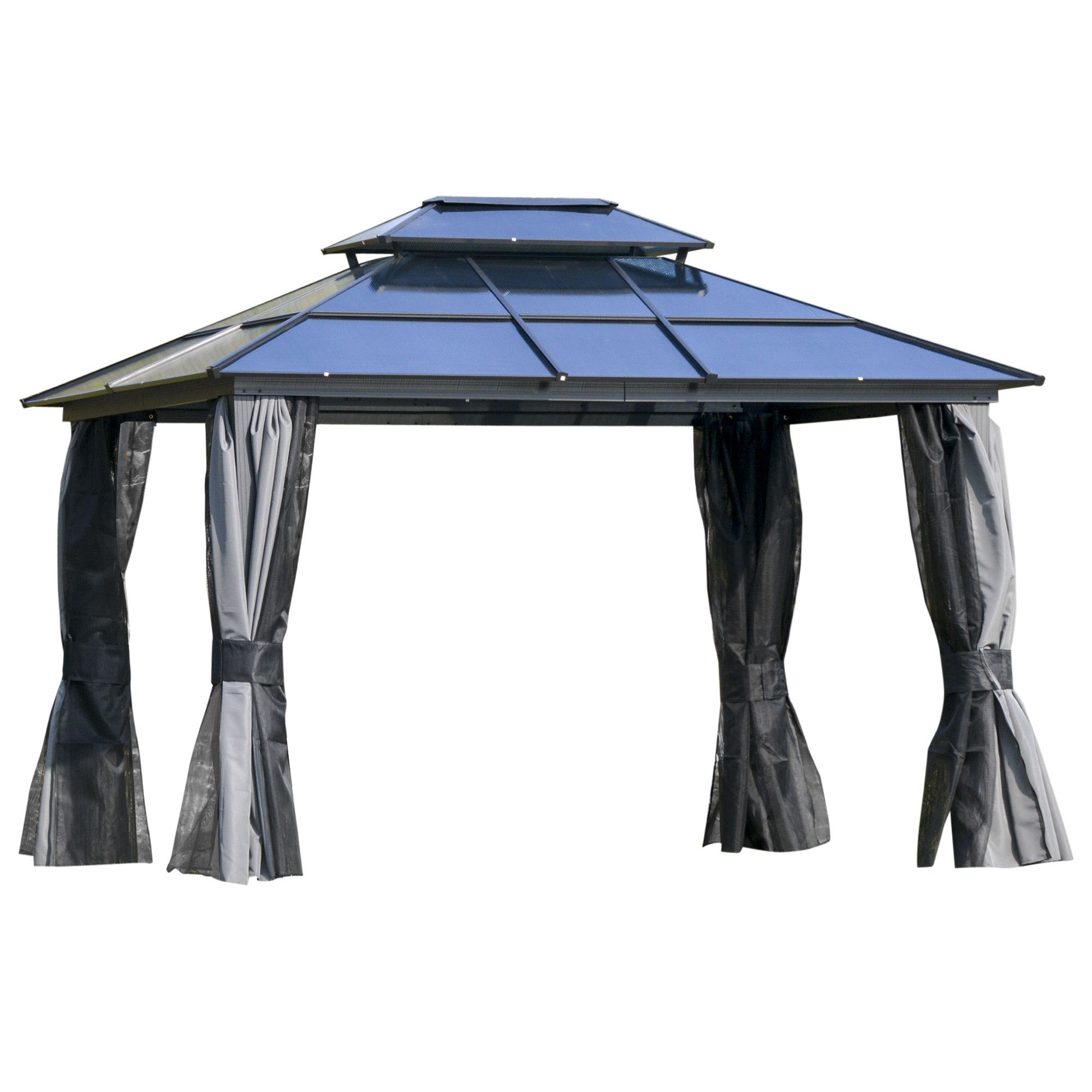 10'x12' Hardtop Patio Gazebo Aluminum Gazebo Canopy with Double Tier Roof, Curtains, Netting Sidewalls, Black & Grey