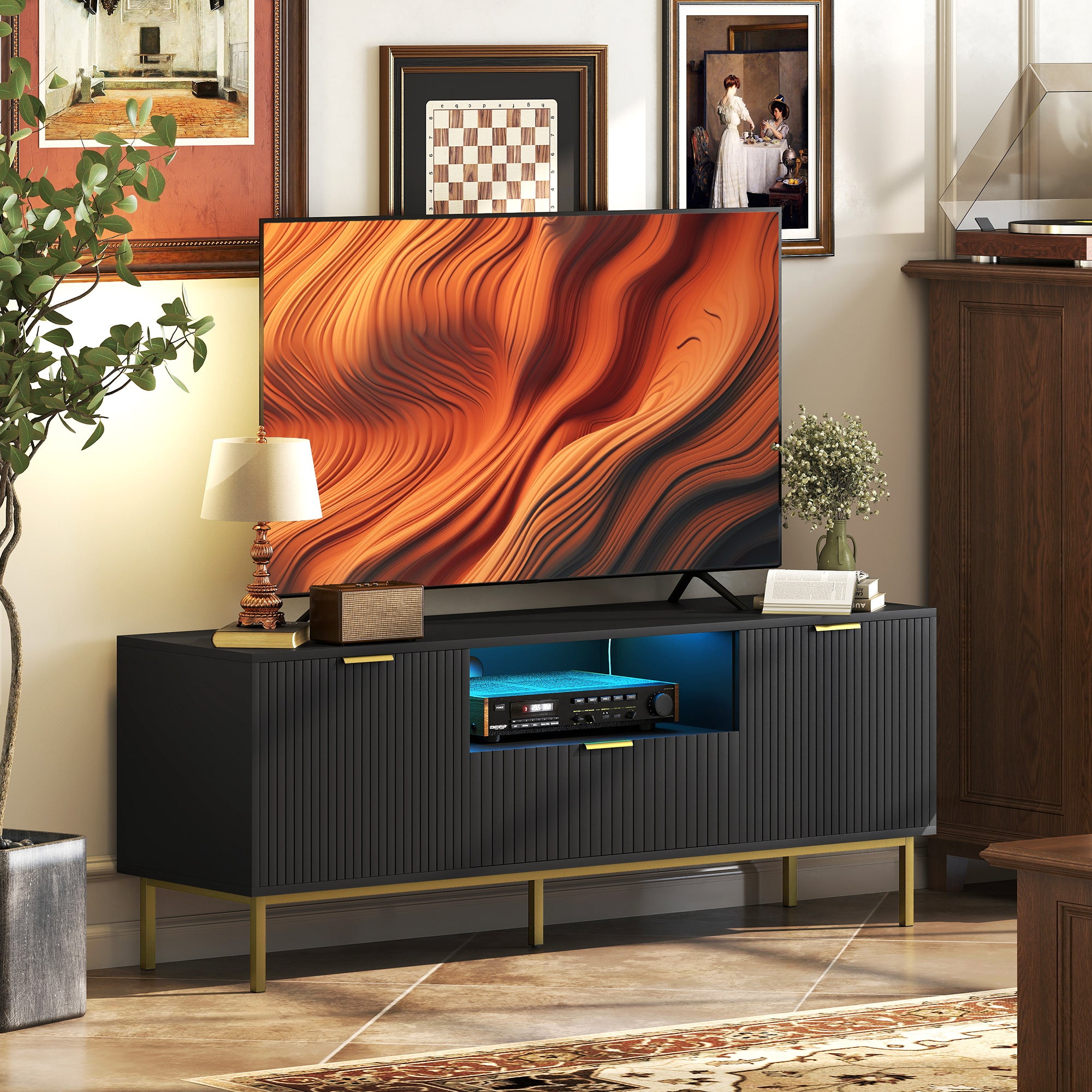 Modern TV Console for TVs up to 50 Inch, Entertainment Center with Smart RGB LED Lights and Soft Close Doors, Black