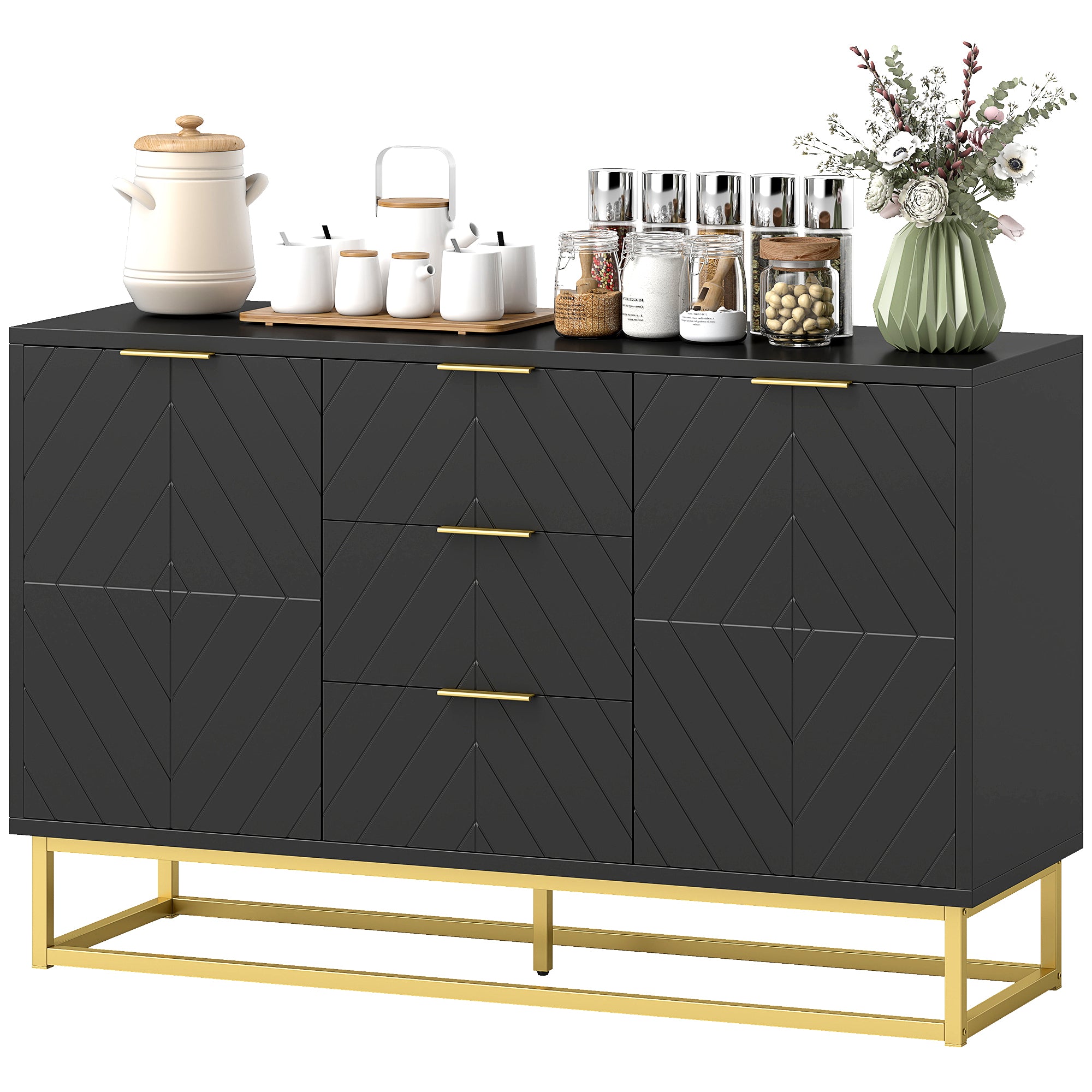 Sideboard Storage Cabinet with 3 Drawers, Adjustable Shelves and Doors, Kitchen Buffet Cabinet for Dining Room, Black