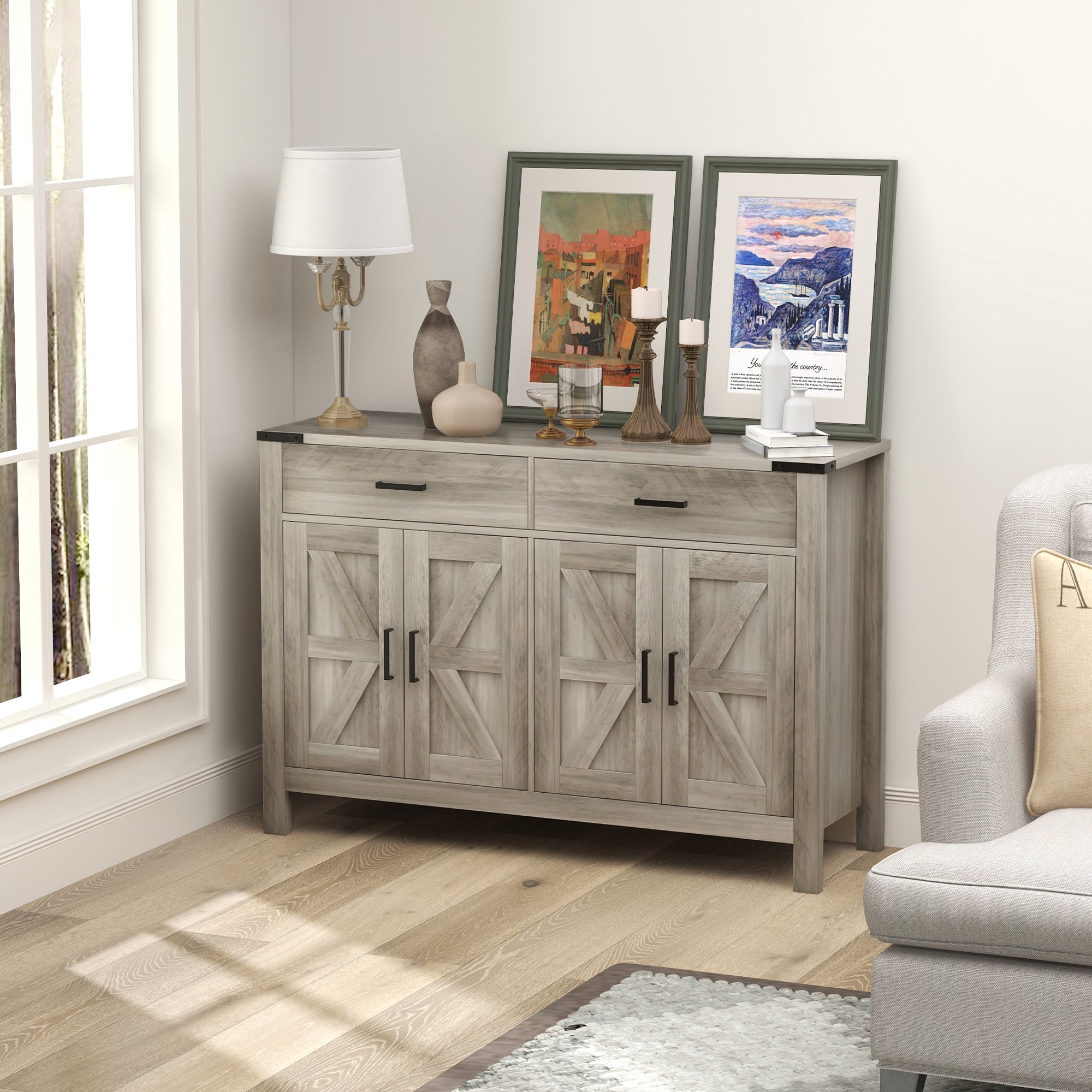 Side Cabinet, Farmhouse Kitchen Storage Cabinet w/ 2 Drawers and Shelves for Living Room, Entryway, Grey