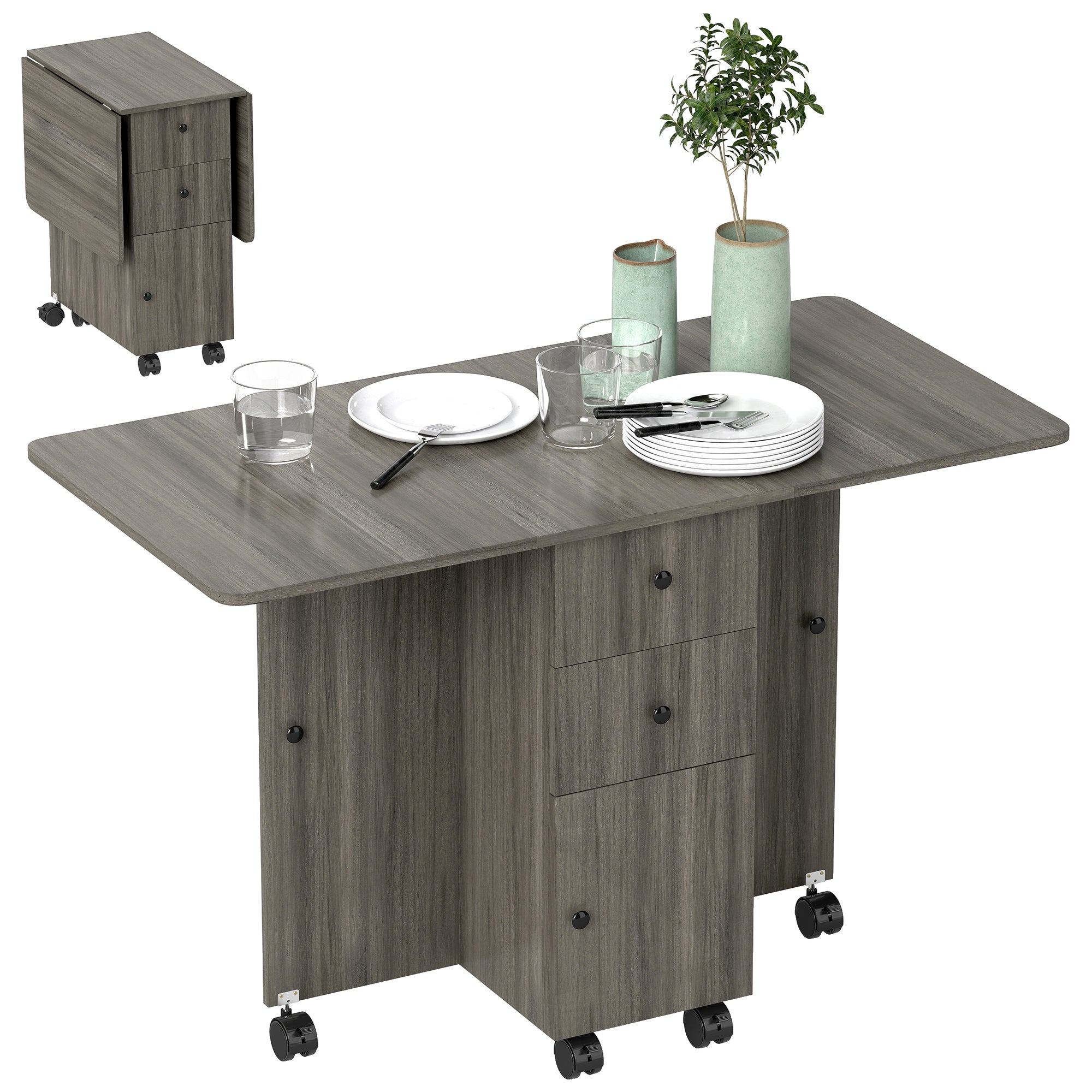 Foldable Dining Table, Rolling Kitchen Table with Storage Drawers and Cabinet, Drop Leaf Table on Wheels, Grey