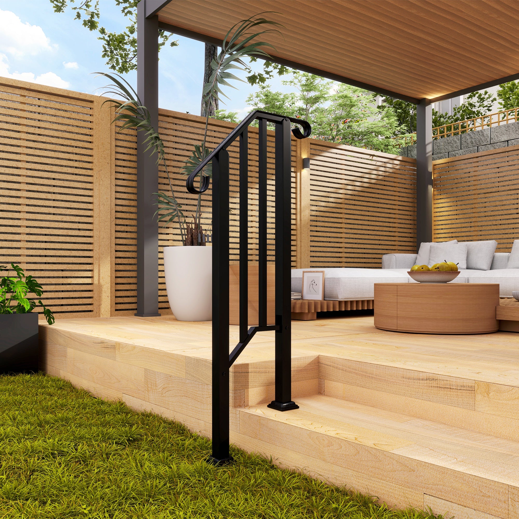 1-2 Step Handrails for Outdoor Steps, Metal Outdoor Stair Railing, Porch Deck Railing with Installation Kit, Black