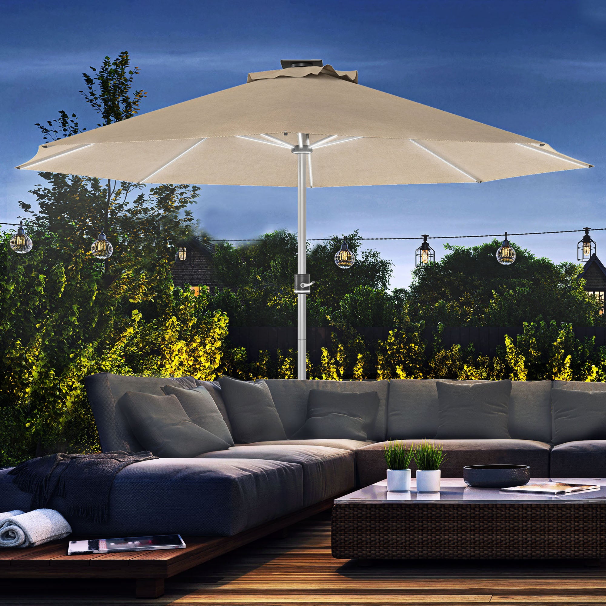 LED Patio Umbrella, Lighted Deck Umbrella with 4 Lighting Modes, Solar & USB Charging, Khaki