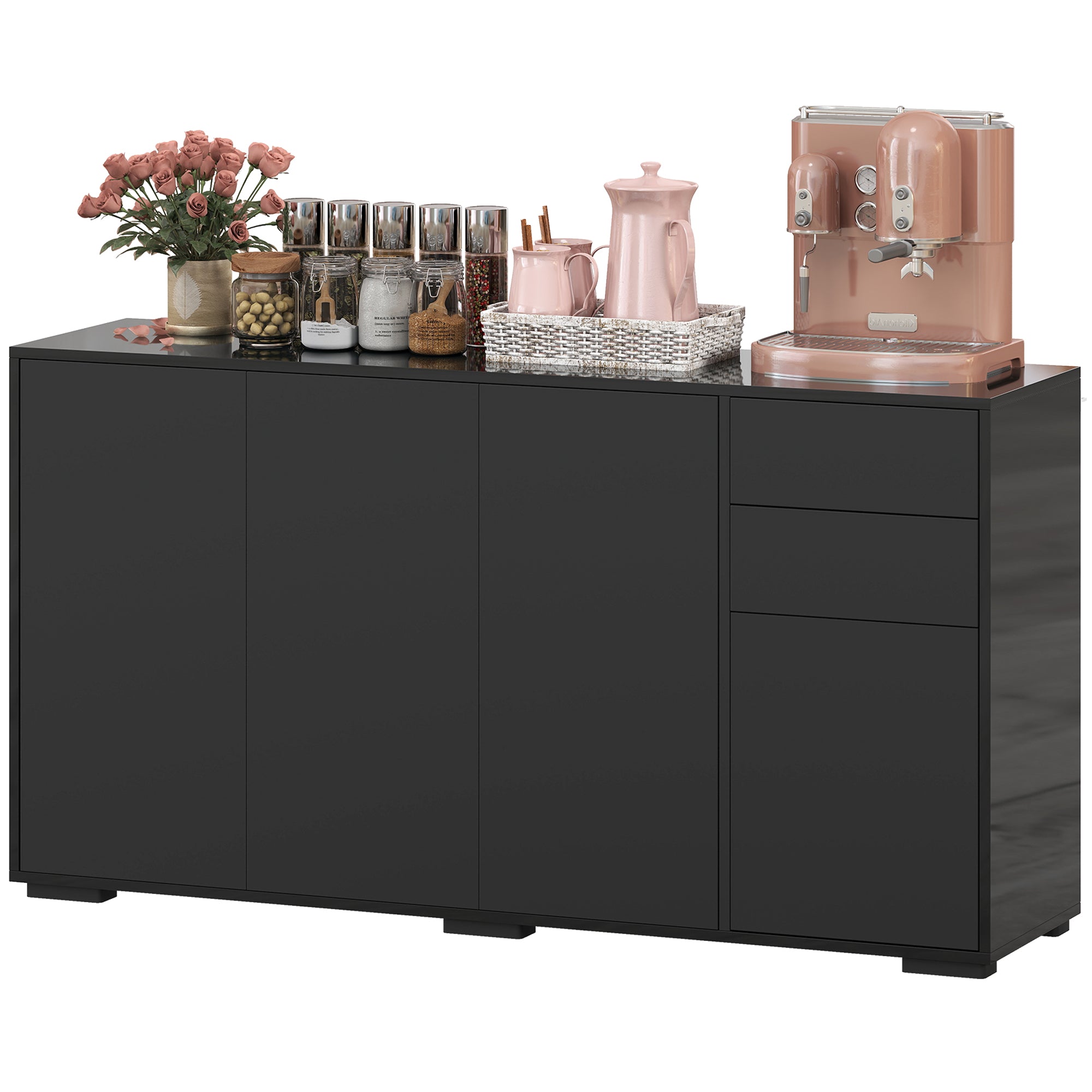 Kitchen Sideboard Storage Cabinet, Modern Coffee Bar Cabinet with Push-Open Design and 2 Drawers for Living Room, Black