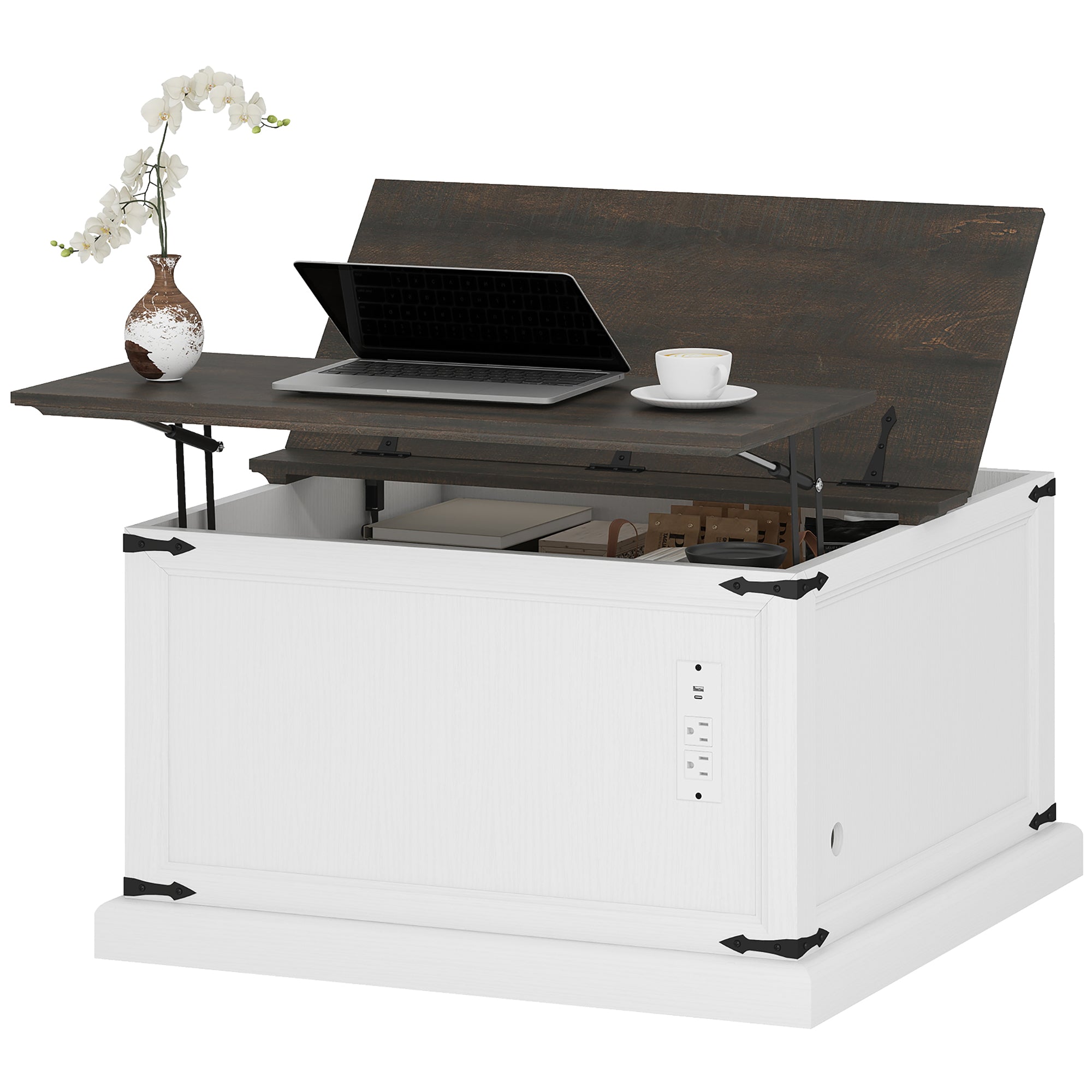 Lift Top Coffee Table with Charging Station, Square Farmhouse Center Table with Hidden Storage, White Wood Grain