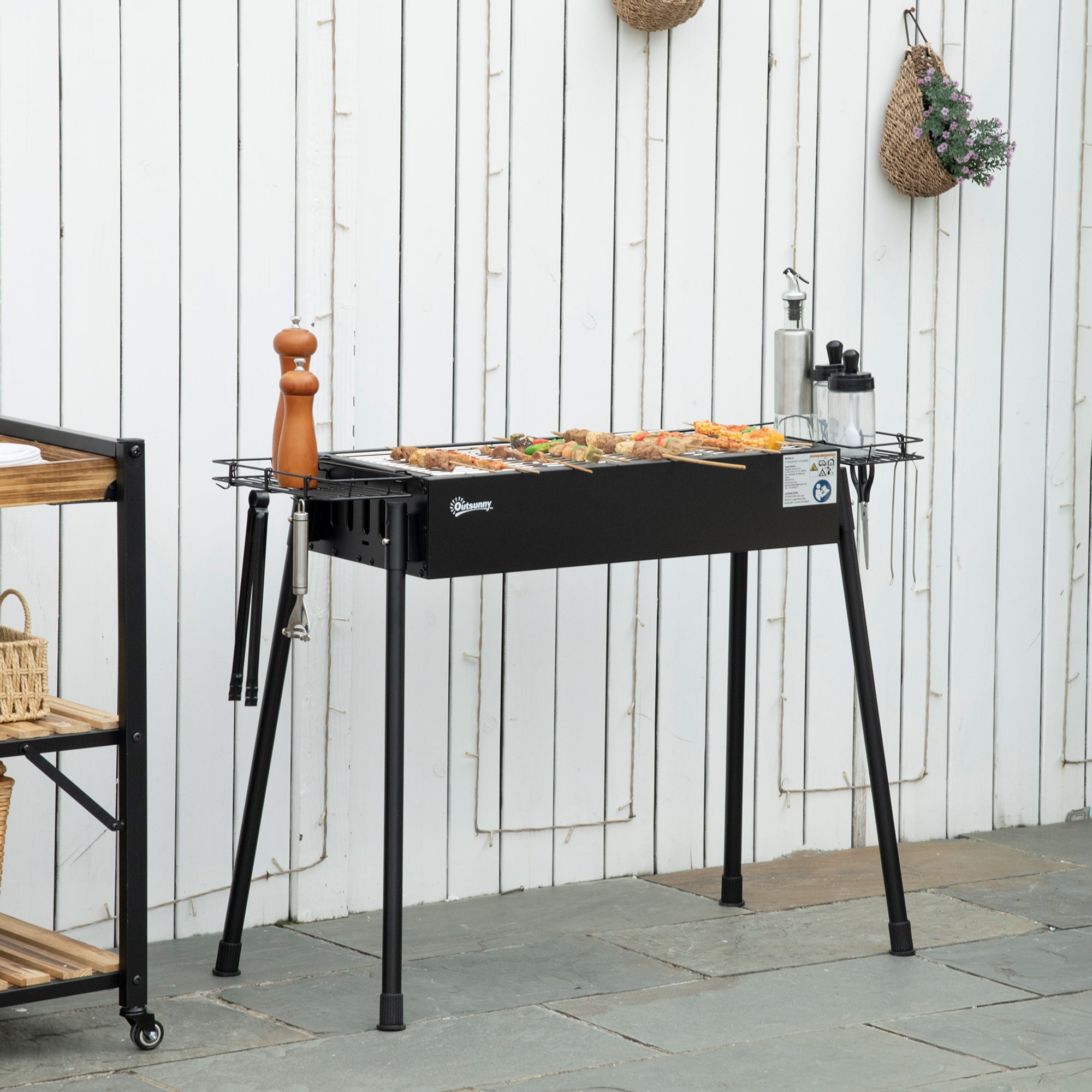 Portable BBQ Grill, Charcoal Grill with Side Seasoning Baskets, Hooks and Nets for Outdoor, Picnic, Camping, Black