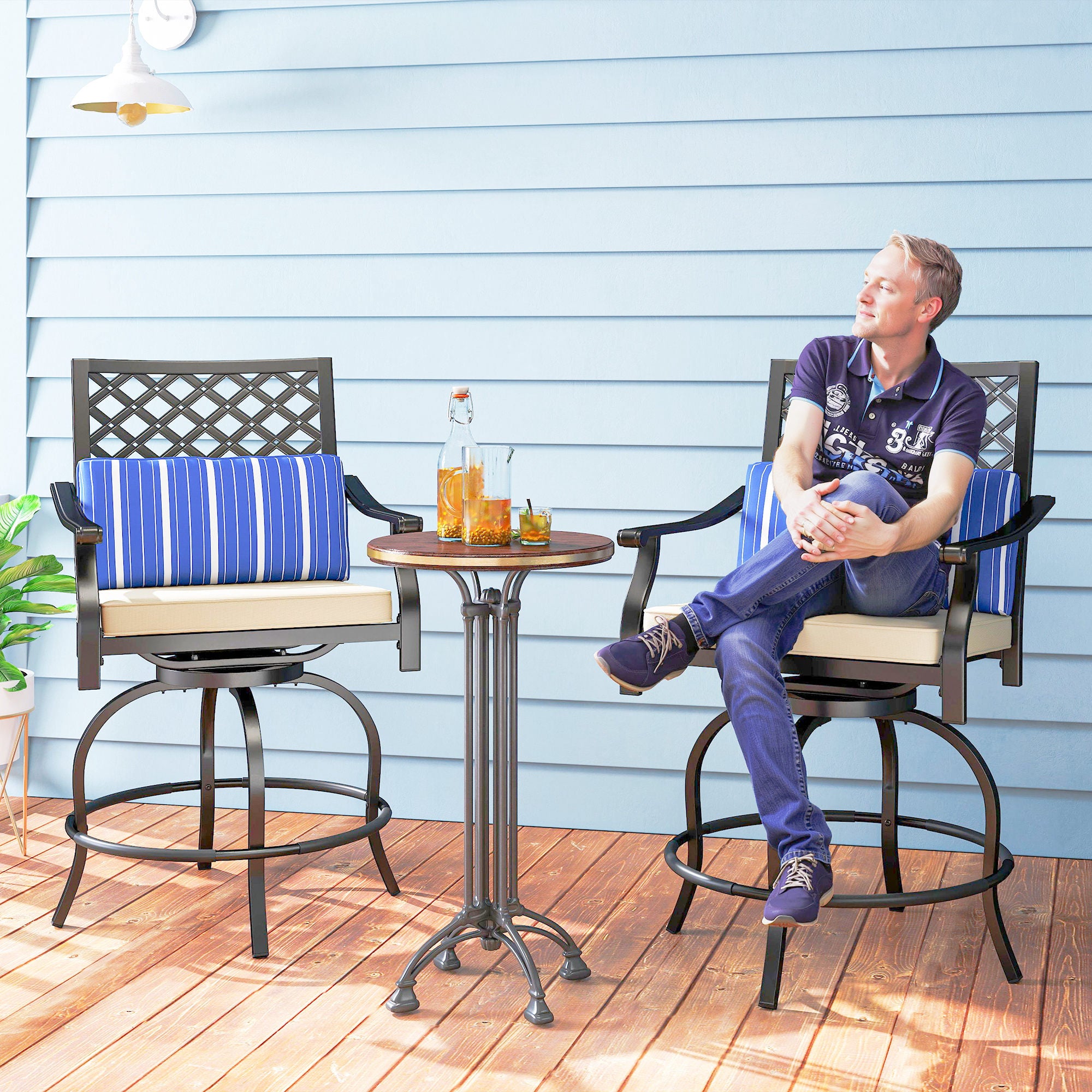 Outdoor Bar Stools Set of 2, Bar Height Swivel Patio Chairs with Cushion, Pillow Footrest for Poolside, Backyard