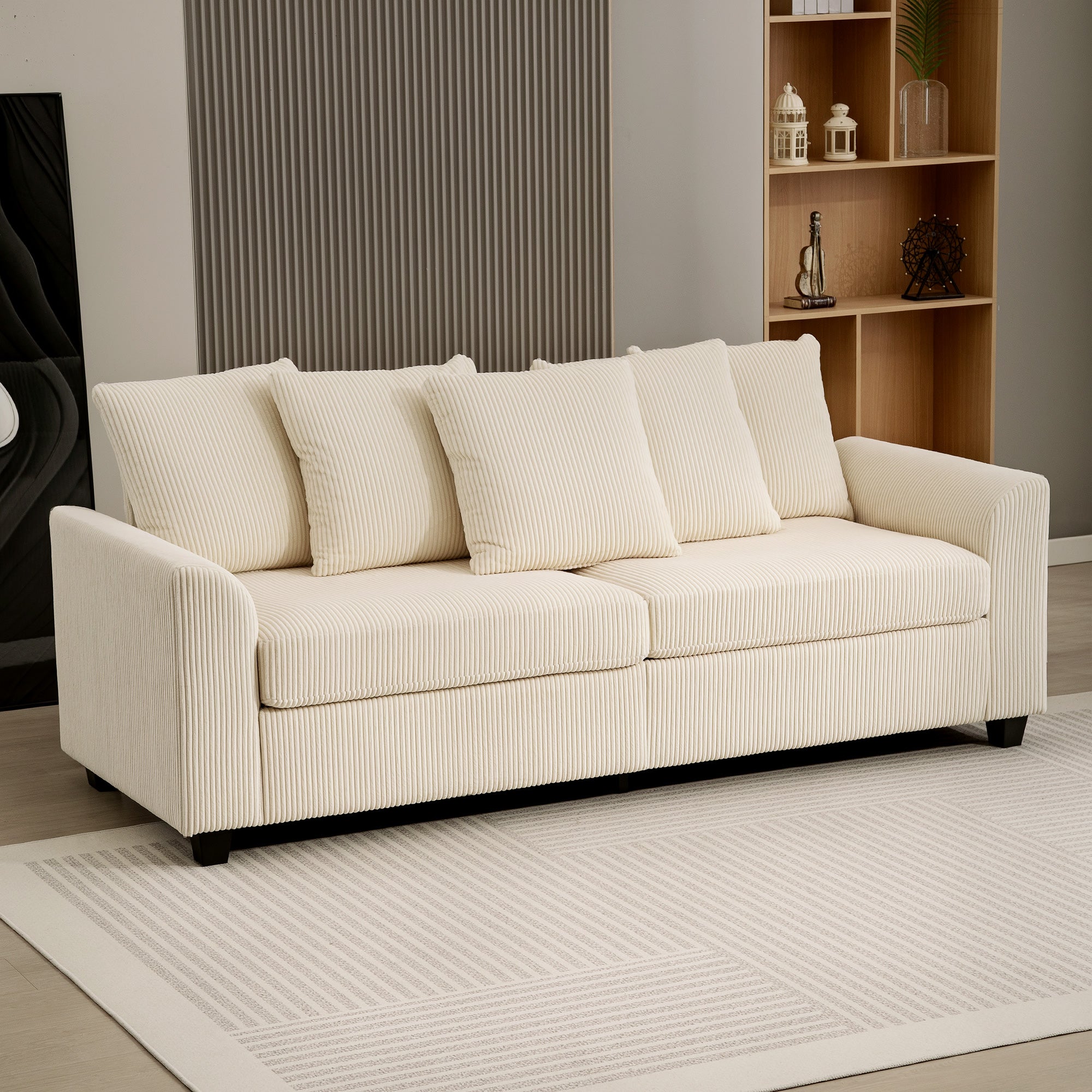 Corduroy Couch, 3 Seater Sofa, Modern Upholstered Couch with Curved Armrests and 8 Removable Pillows, Beige