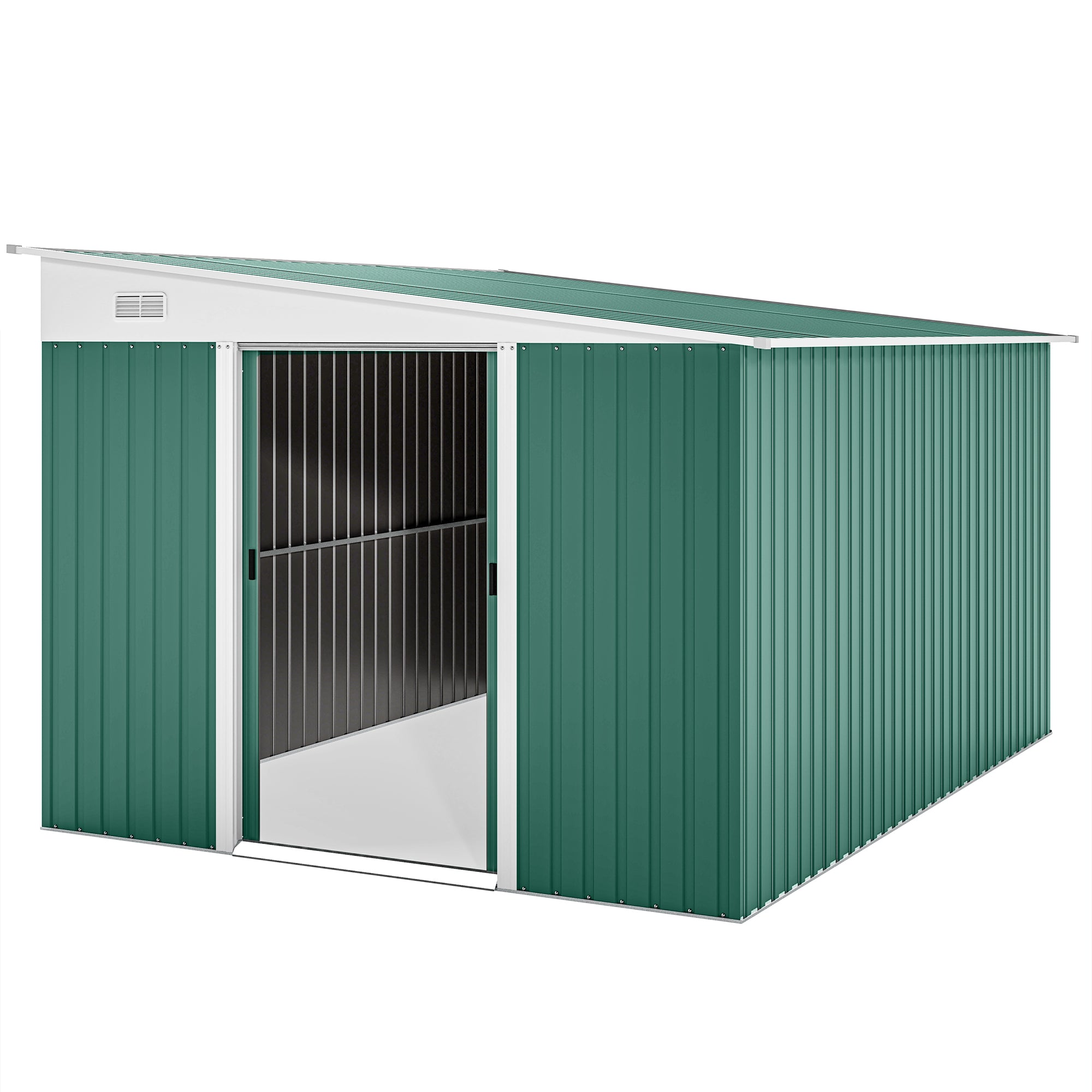 11' x 9' Steel Garden Storage Shed, Outdoor Metal Tool House with Double Sliding Doors & 2 Air Vents, Green