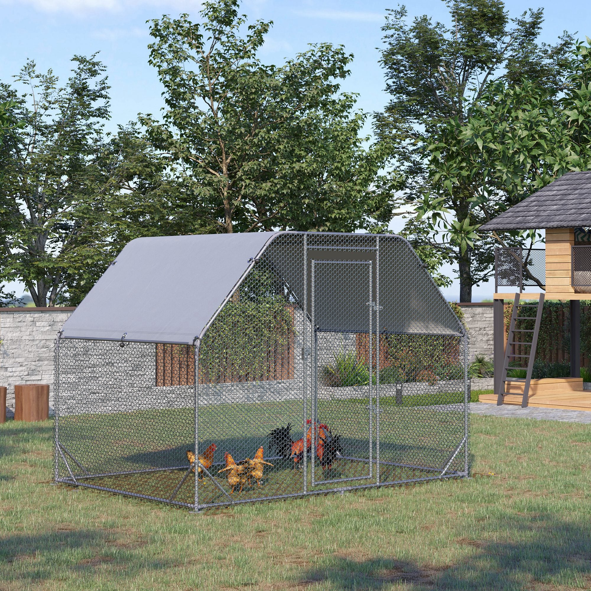 Chicken Run, Galvanized Large Metal Chicken Coop Cage, Walk-in Enclosure Poultry Hen Run House Playpen Rabbit Hutch with Flat Roof, Cover, 9.2' x 6.2' x 6.5', Silver