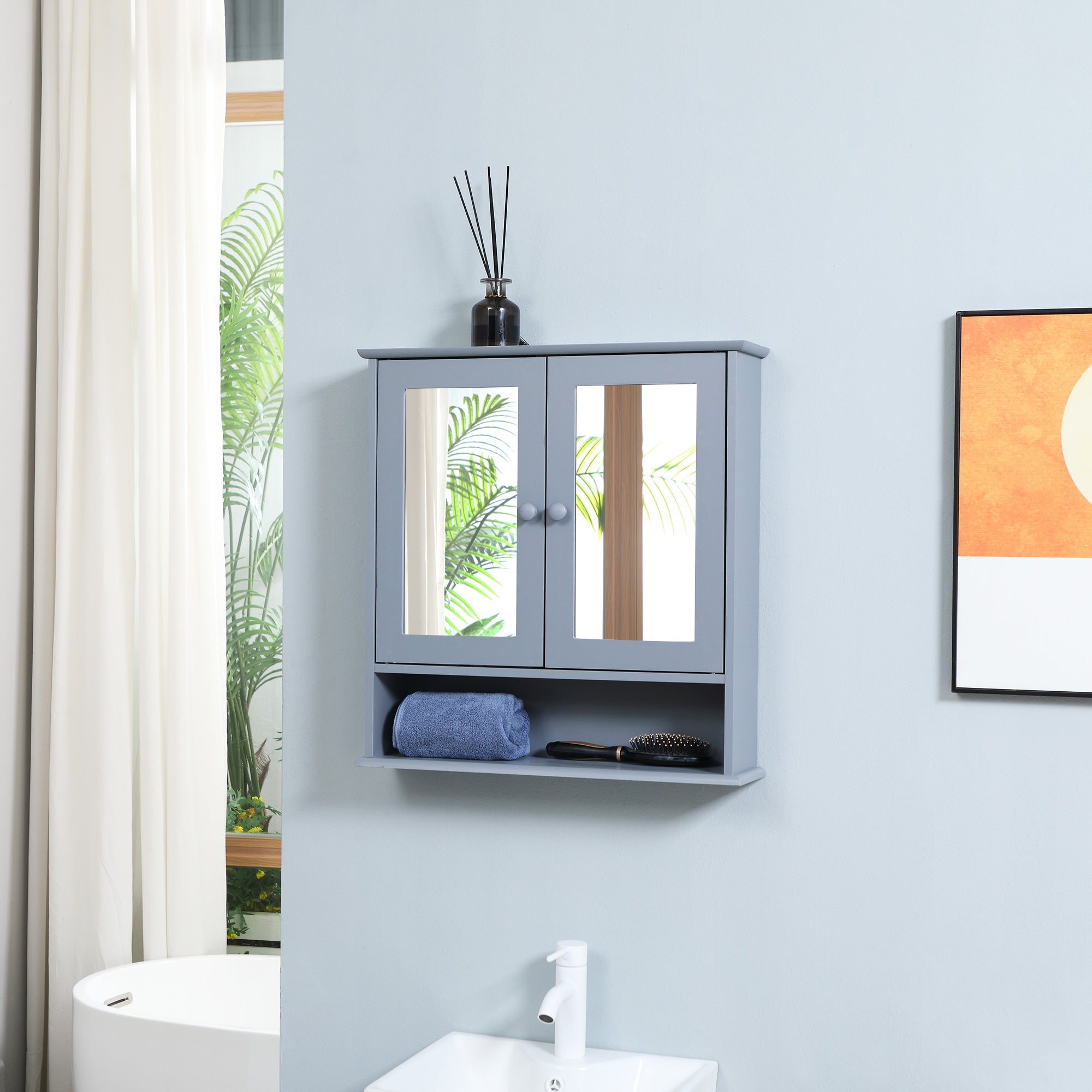 Medicine Cabinet, Wall-Mounted Bathroom Mirror Cabinet with Double Doors, Open Shelf, and Adjustable Shelf, Modern Bathroom Wall Cabinet, Grey