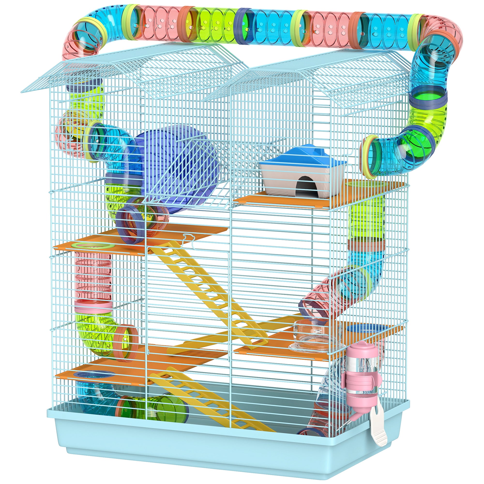 18.5" Hamster Cage, 5 Tiers Small Animal House with Tunnel Tube System, Exercise Wheel, Water Bottle, Light Blue