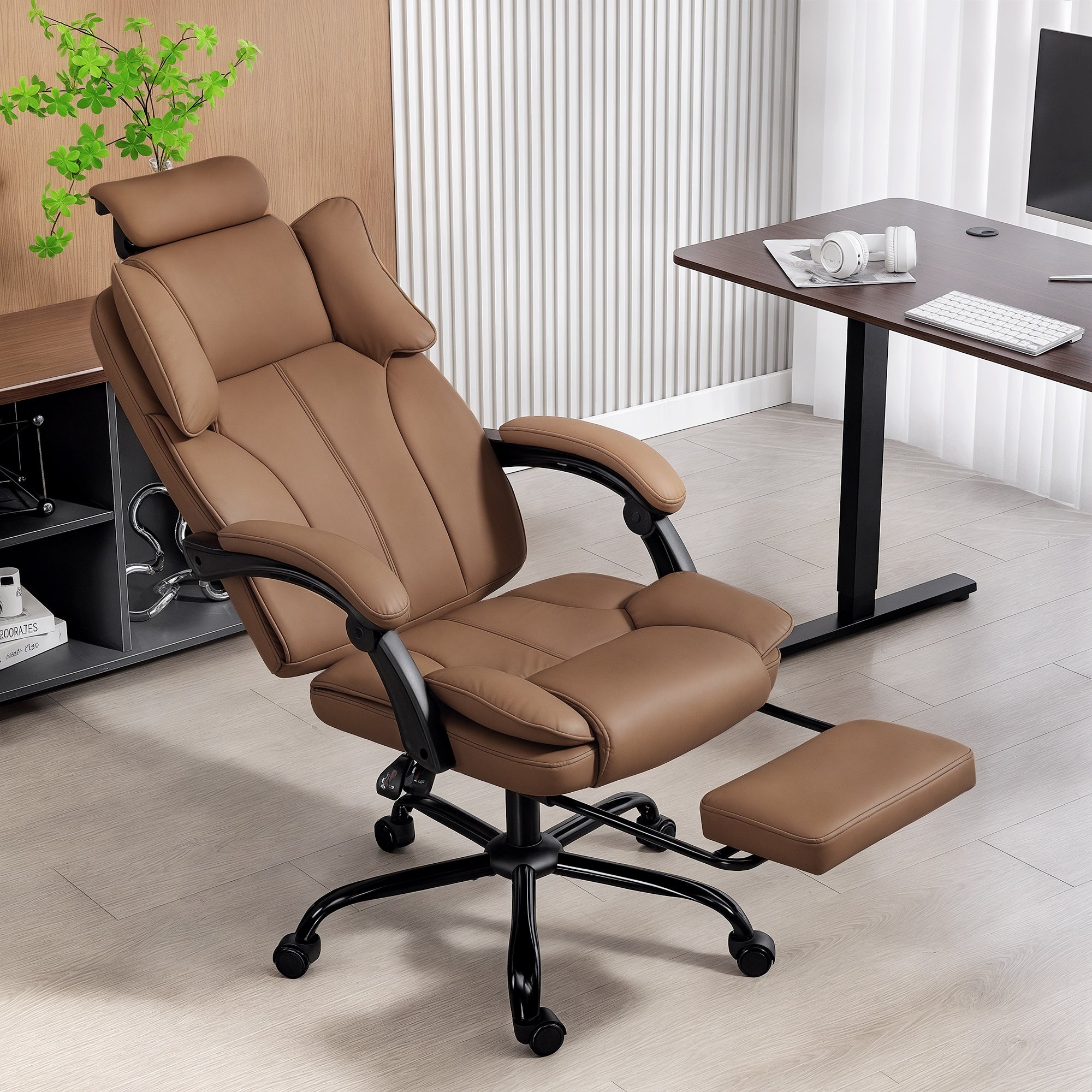 Reclining Office Chair, Executive Desk Chair with Pet-Friendly Fabric, Headrest, Footrest, Swivel Wheels, Brown