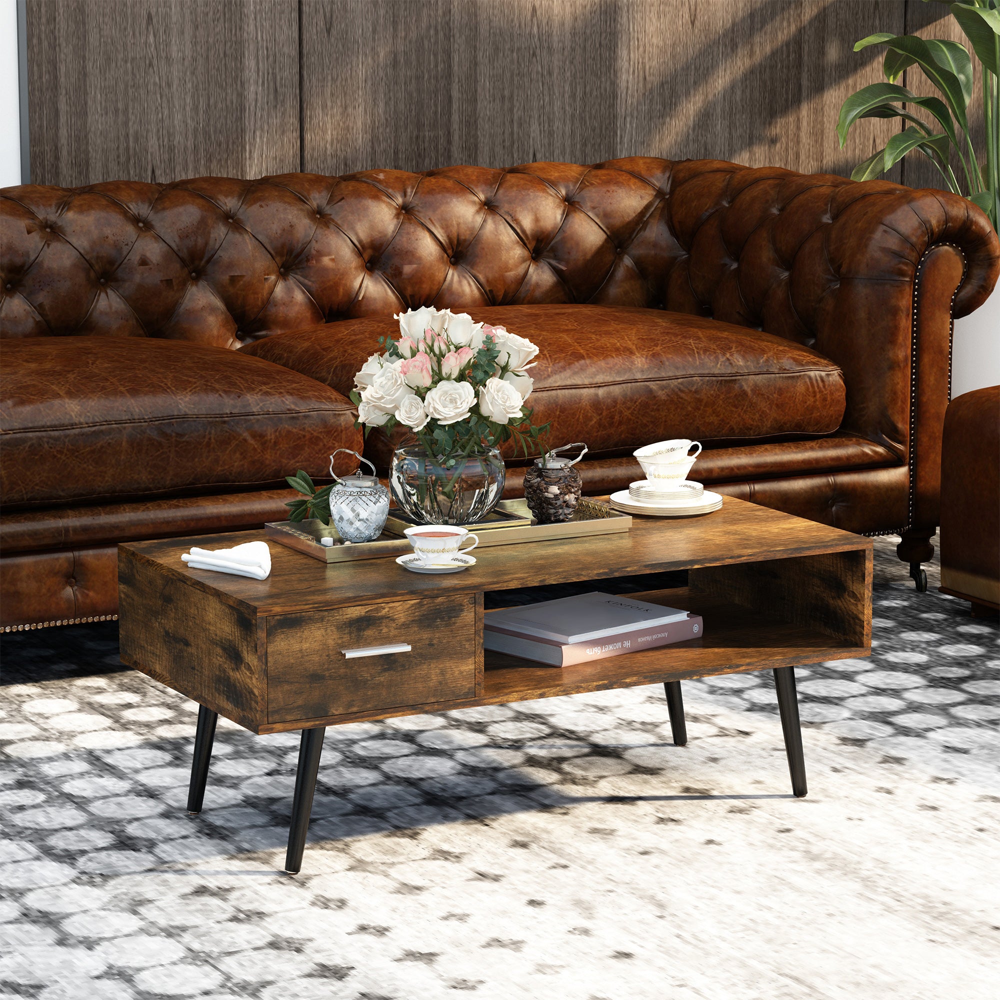 Retro Coffee Table with Storage Shelf and Drawer for Living Room, Vintage Wooden Sofa Side Table, Rustic Brown