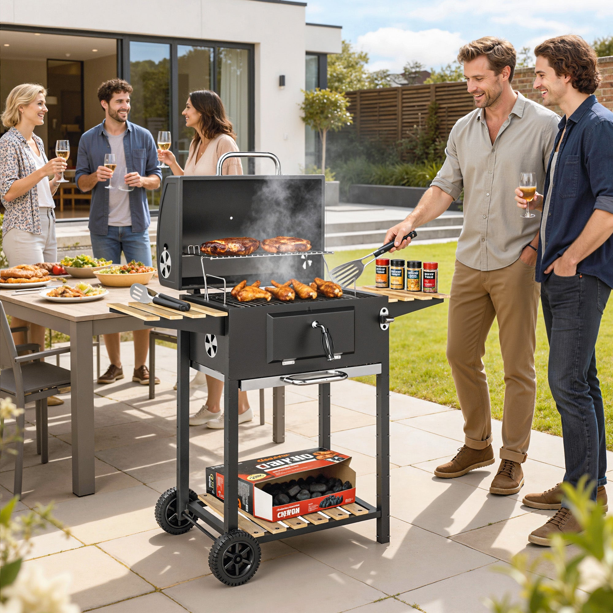 20" Charcoal BBQ Grill Barbecue on Wheels with Adjustable Charcoal Pan, Spacious Cooking Area, 3 Shelves, Thermometer