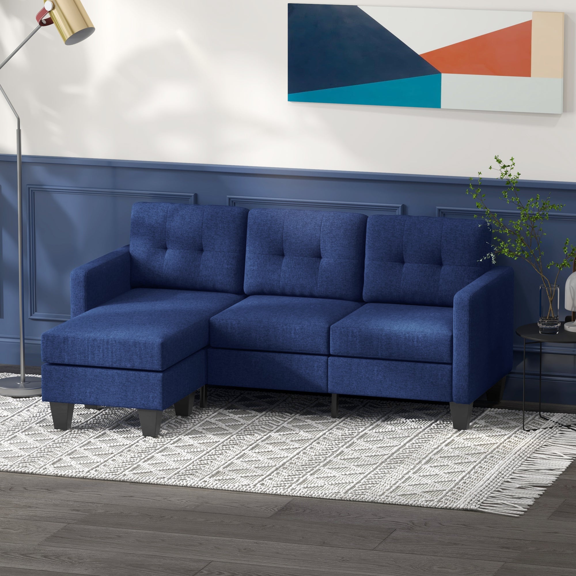 L-shaped Sofa, 3 Seater Sectional Couch with Ottoman, Corner Sofa with Thick Padded Cushion and Wood Legs, Dark Blue