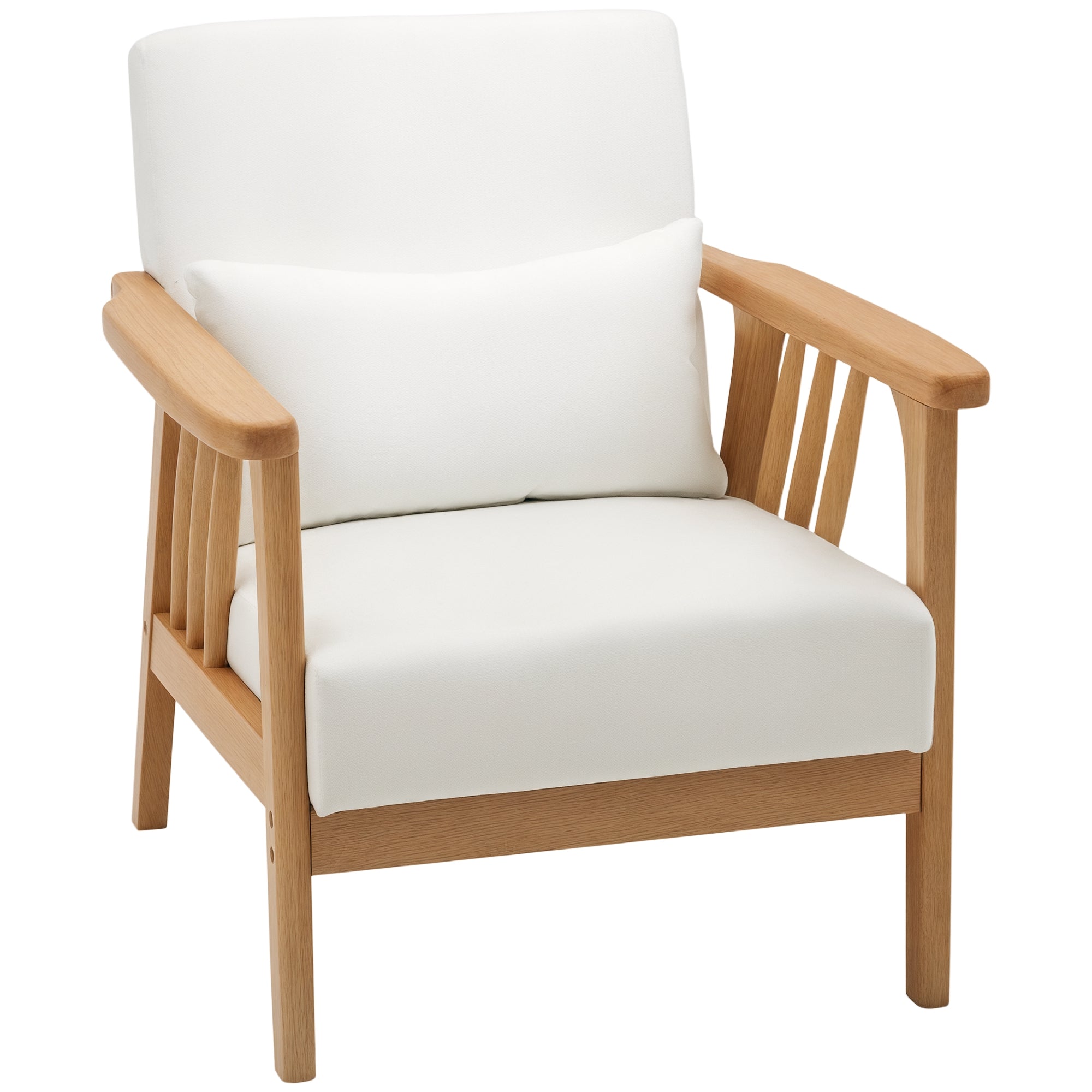 Armchair Upholstered Lounge Chair with Rubber Wood Frame Throw Pillows and Comfortable Cushion, White