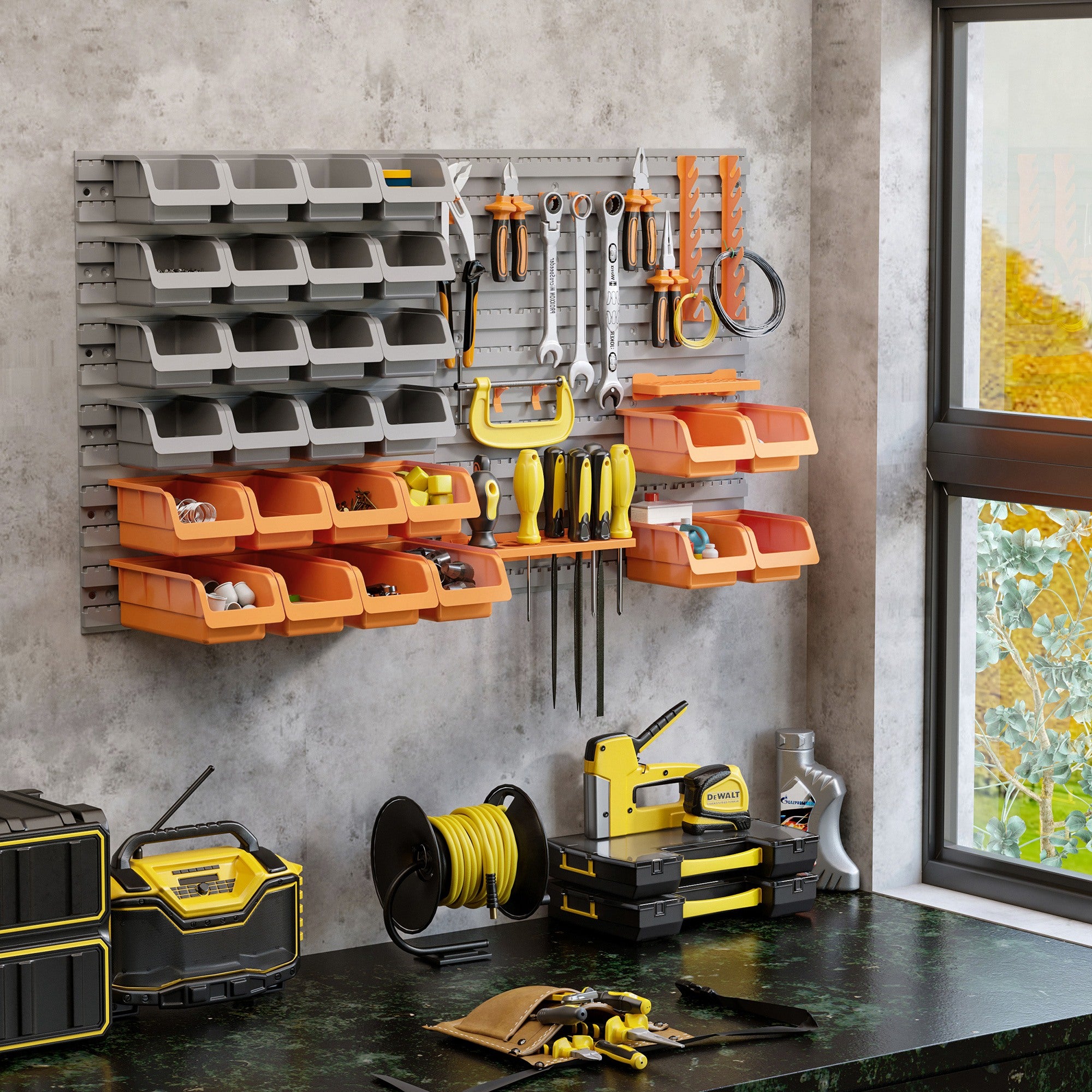 44PC Wall Mounted Storage Bins Parts Rack Kit with Storage Bins, Pegboard and Hooks, Garage Plastic Organizer, Orange