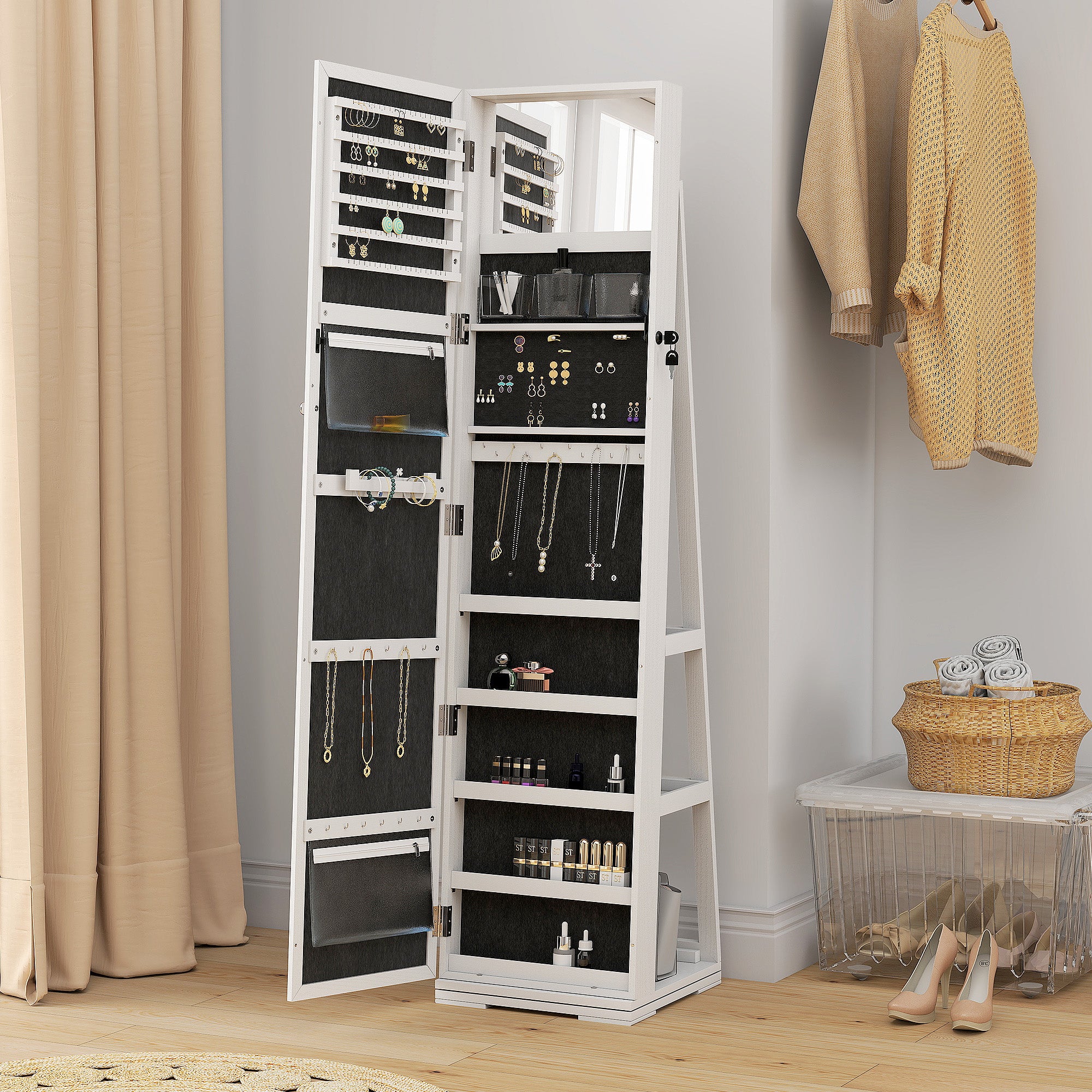 360° Swivel Jewelry Armoire, Lockable Mirror Jewelry Cabinet with Built-In Small Mirror, White