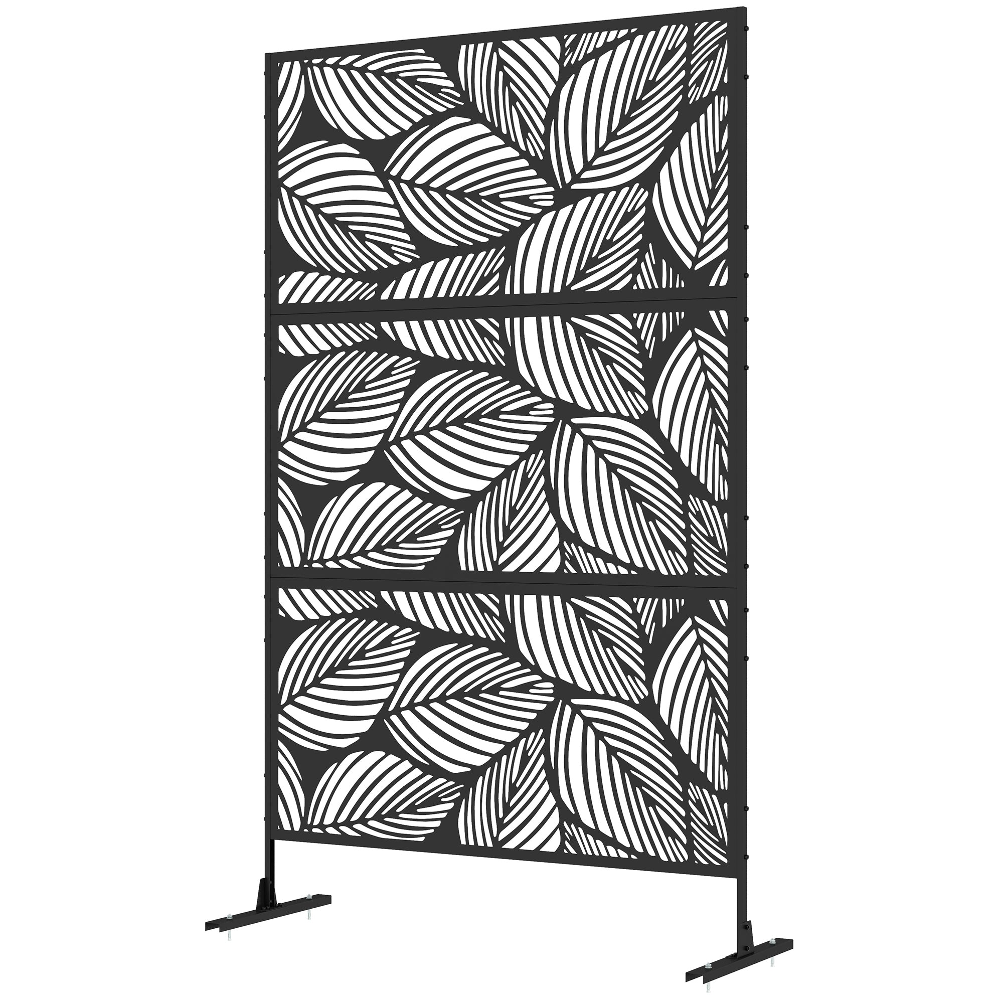6.5FT Decorative Outdoor Divider, Metal Privacy Screen with Stand, Leaf Style, Black