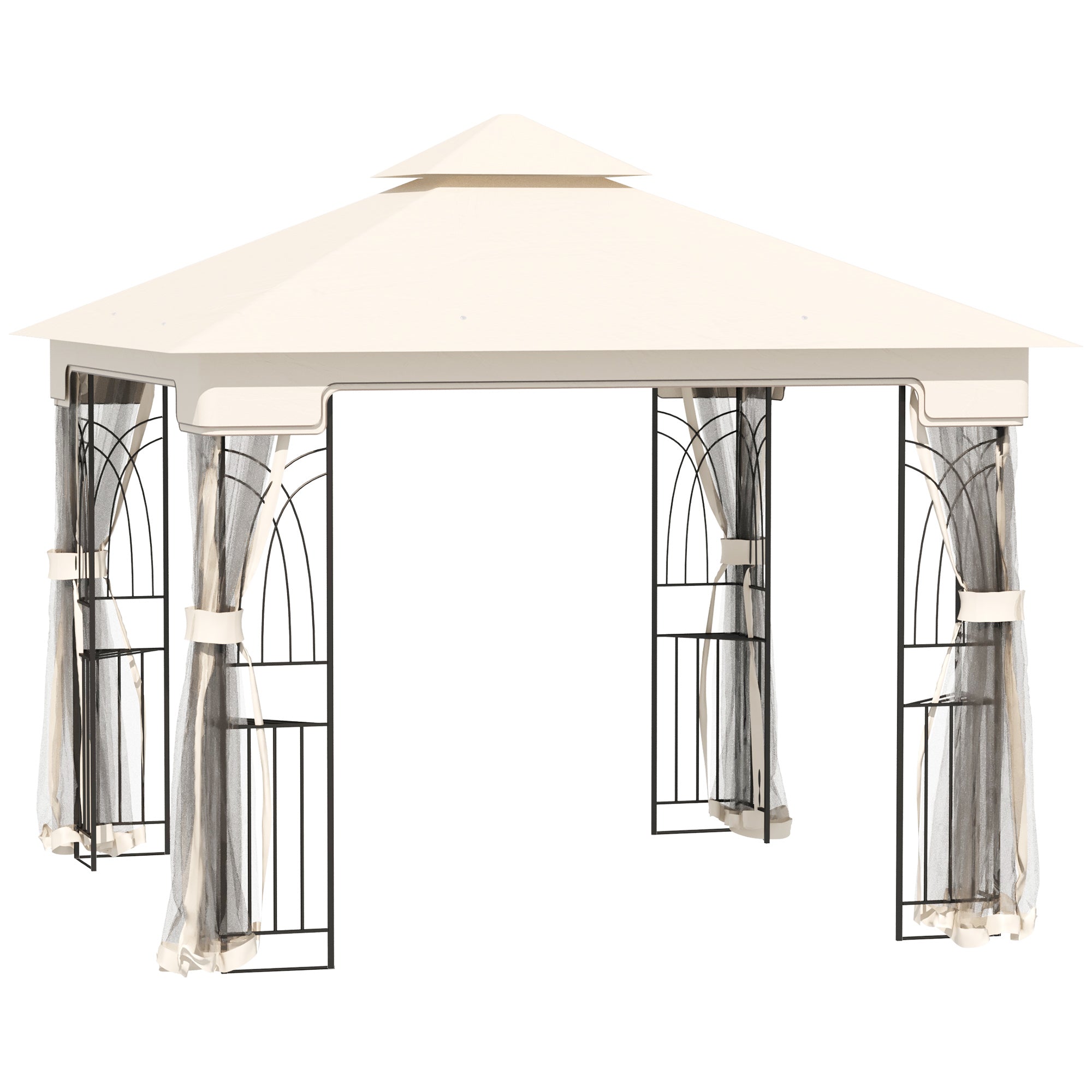 10'x10' Soft-top Patio Gazebo with Double Tier Roof, Mesh Curtains, Display Shelves, Top Hooks, Cream