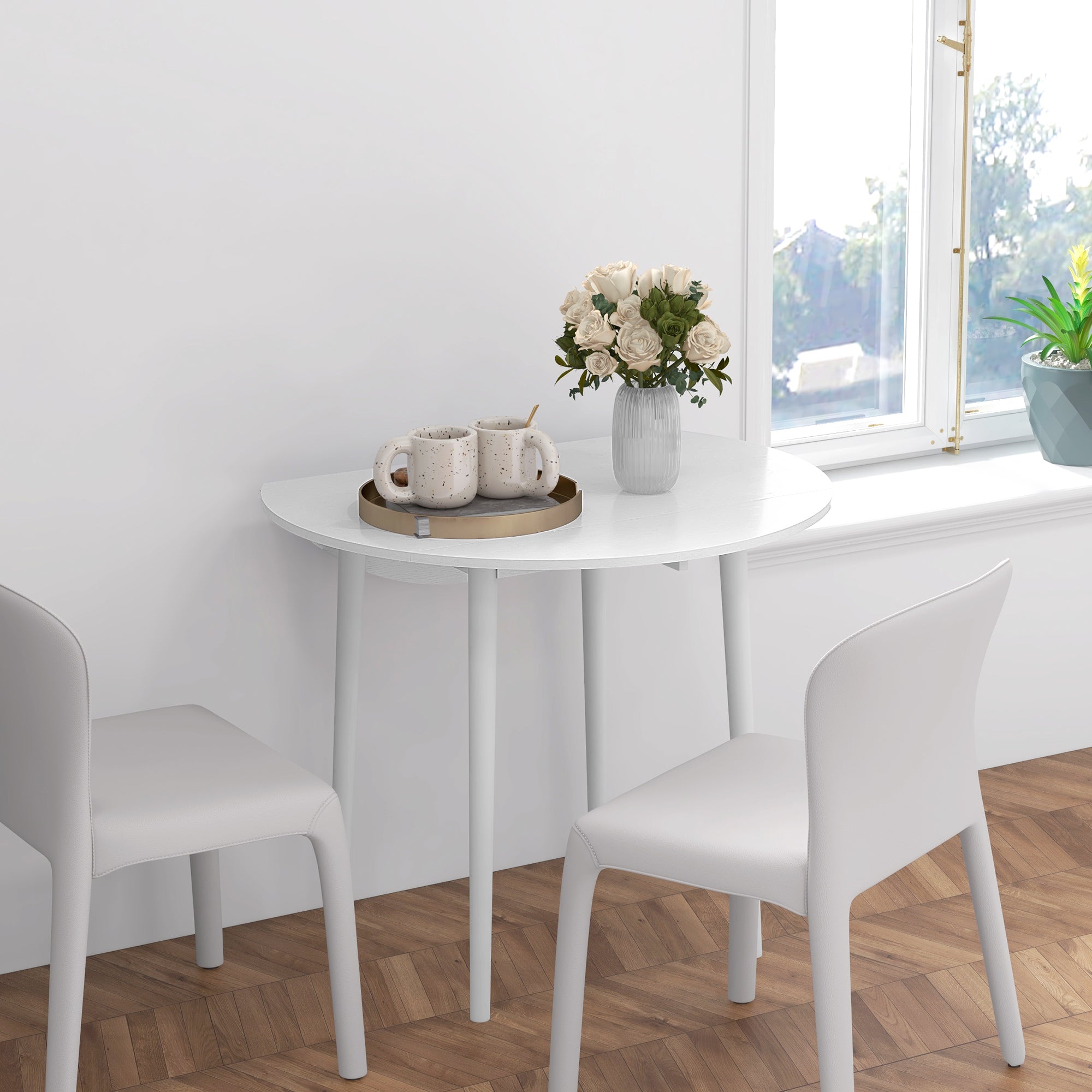 Folding Dining Table, Round Drop Leaf Kitchen Table for Small Spaces with Wood Legs, Distressed White