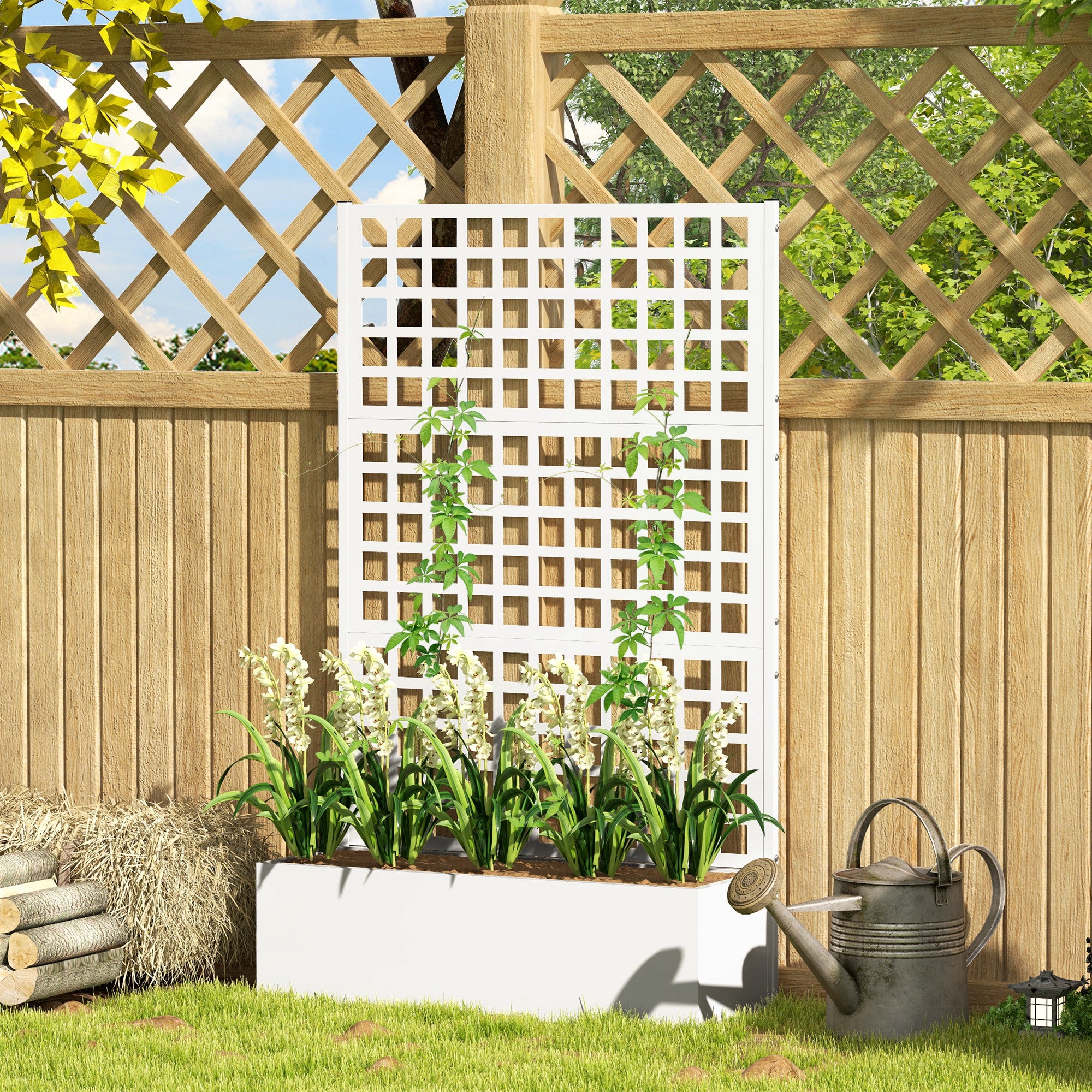 Galvanized Raised Garden Bed Planter Box with Trellis for Climbing Plants, Vegetable, Vines, 43" x 16" x 70", White