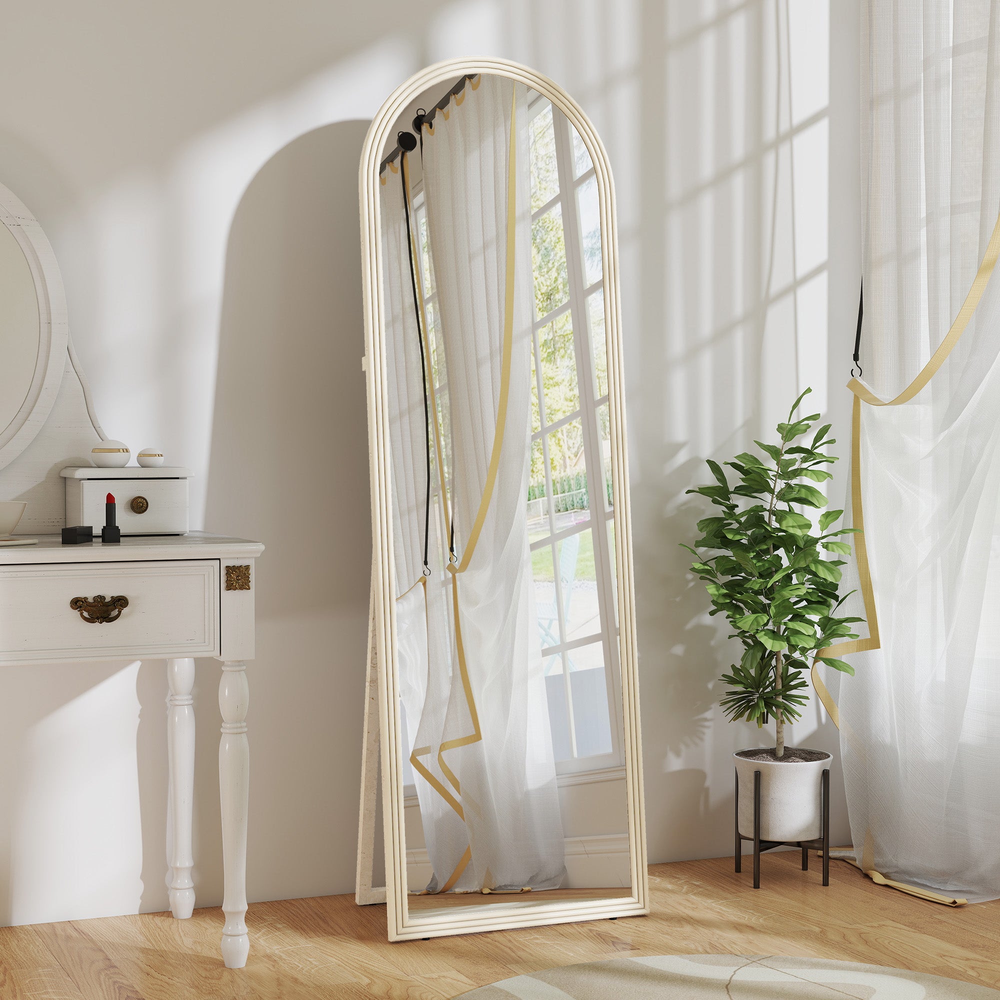 64" x 21" Full Length Mirror, Free Standing, Leaning or Wall, Arched Full Body Mirror with Faux Stone Frame, White