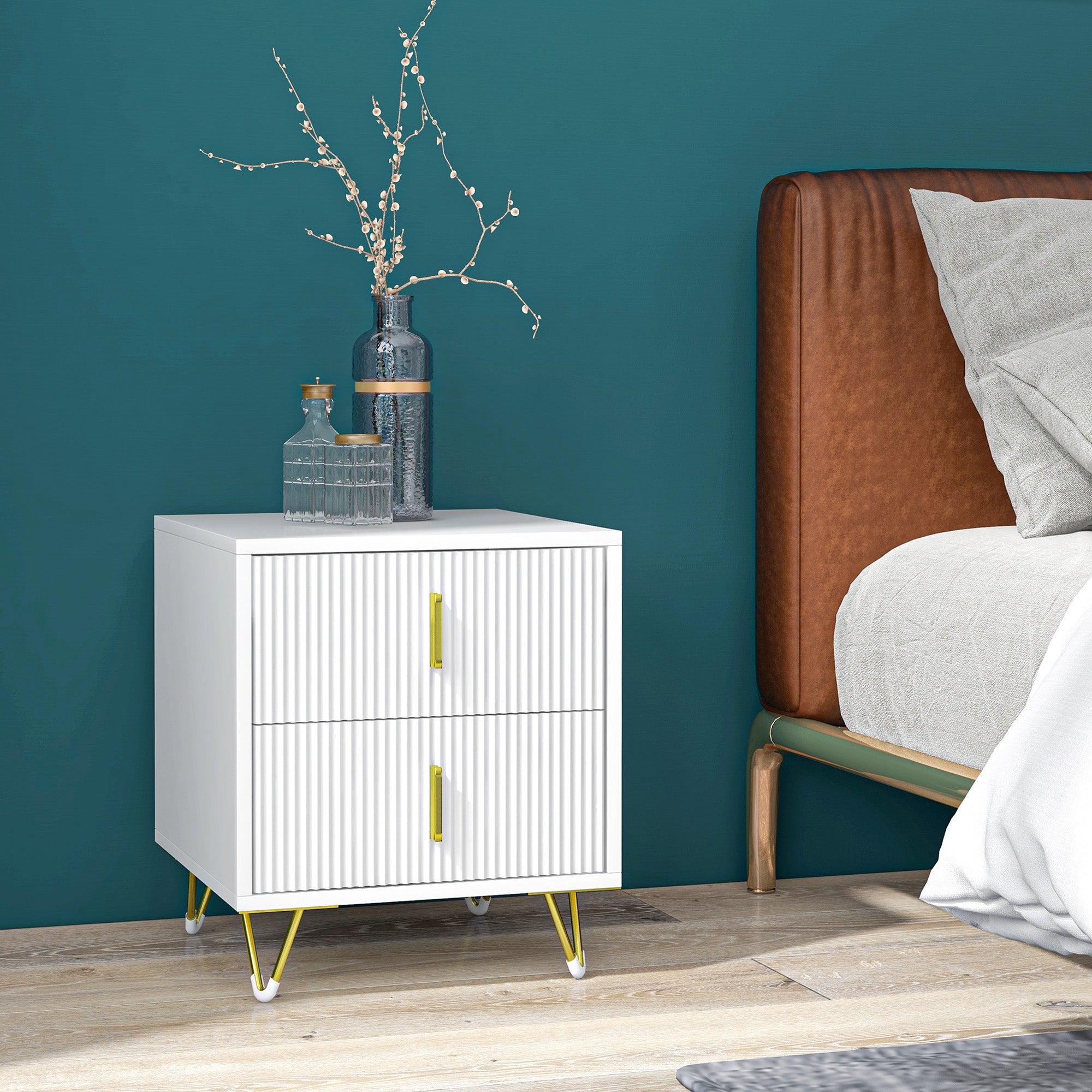 Bedside Table, Modern Nightstand with 2 Drawers, Side End Table with Metal Legs for Living Room, Bedroom, White